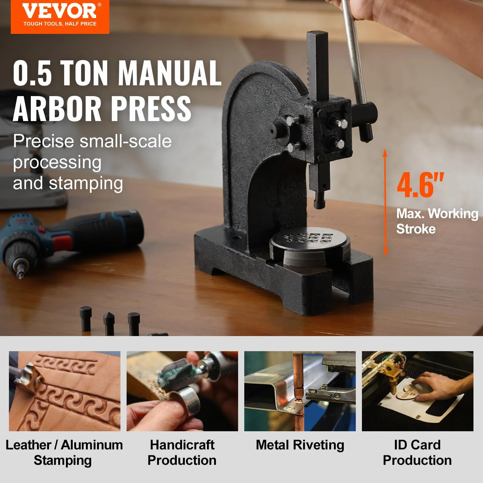VEVOR Pressa a Perno Manuale 0,5t, Altezza Max 4,6", Ghisa, da Tavolo