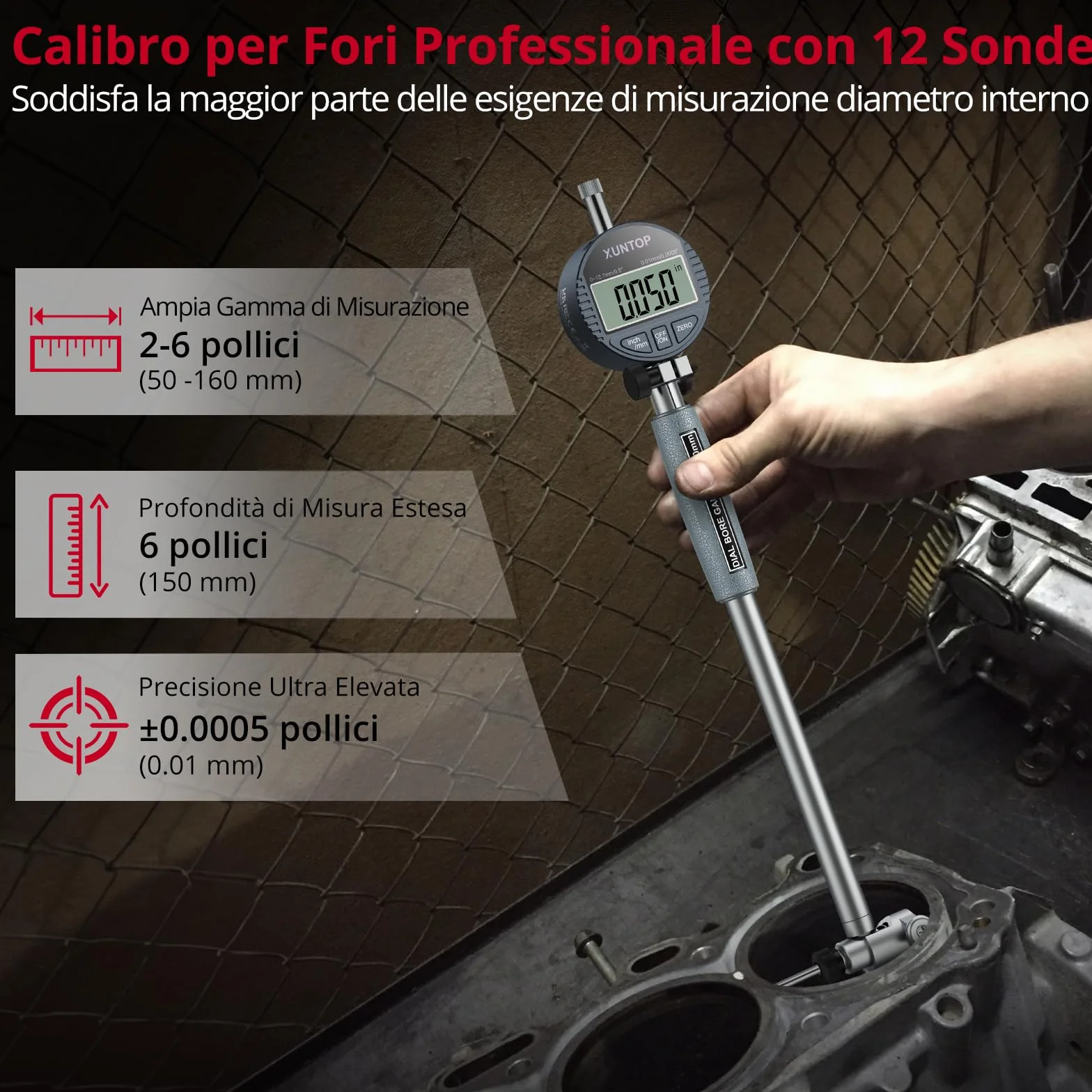 XUNTOP Alesametro con Quadrante 50-160mm/2-6" con Set 12 Testine Auto Alesametro con Comparatore Centesimale 0.01mm Precisione Indicatore Diametro Interno con Custodia ABS per Motori Cilindri CNC