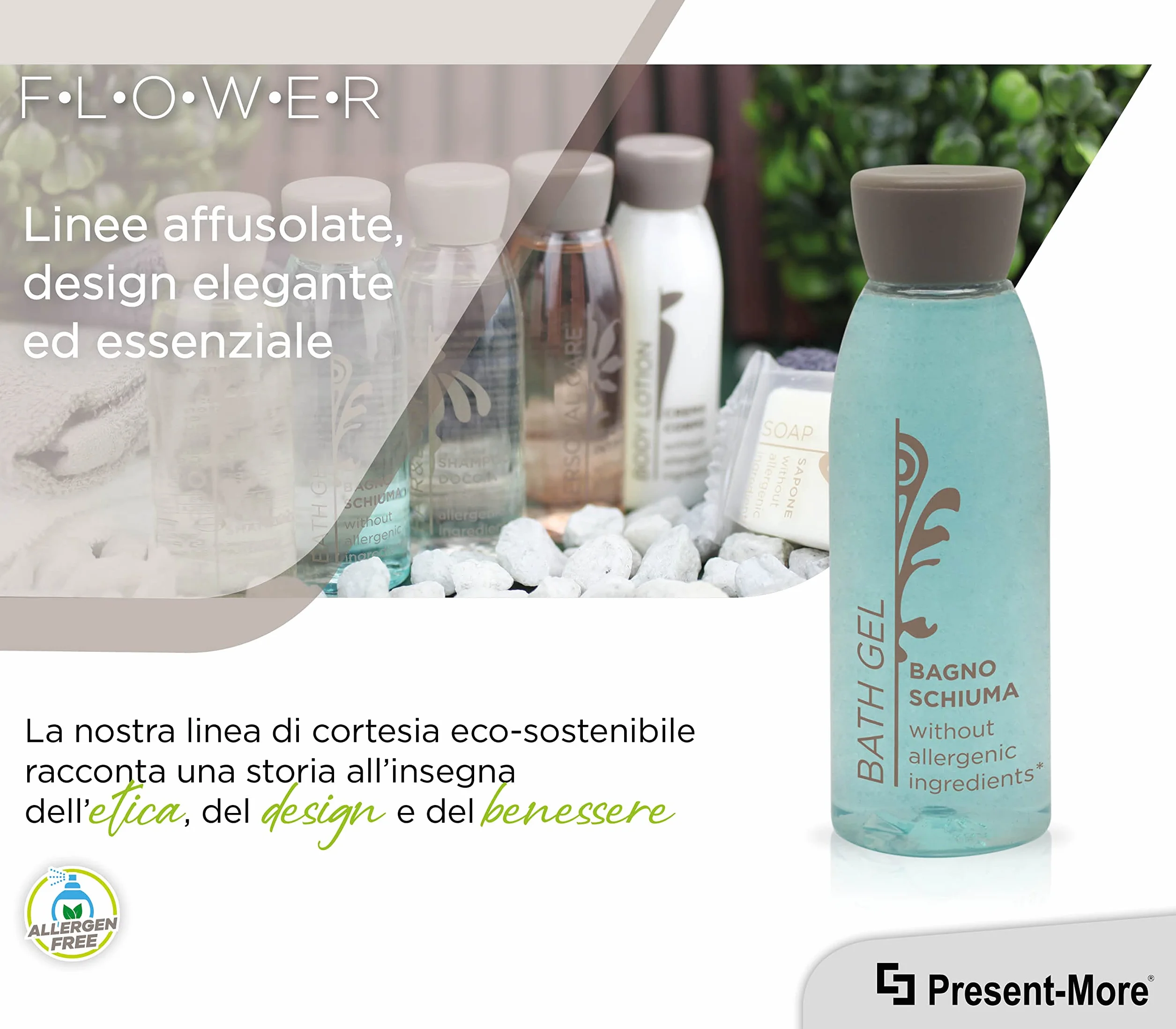 PRESENT-MORE - Bagno Schiuma 30ml Flower - Confezione da 250 Pezzi - Bagnoschiuma Monodose Senza Allergeni - Fragranza Tè Verde - Ideale per Hotel e B&B