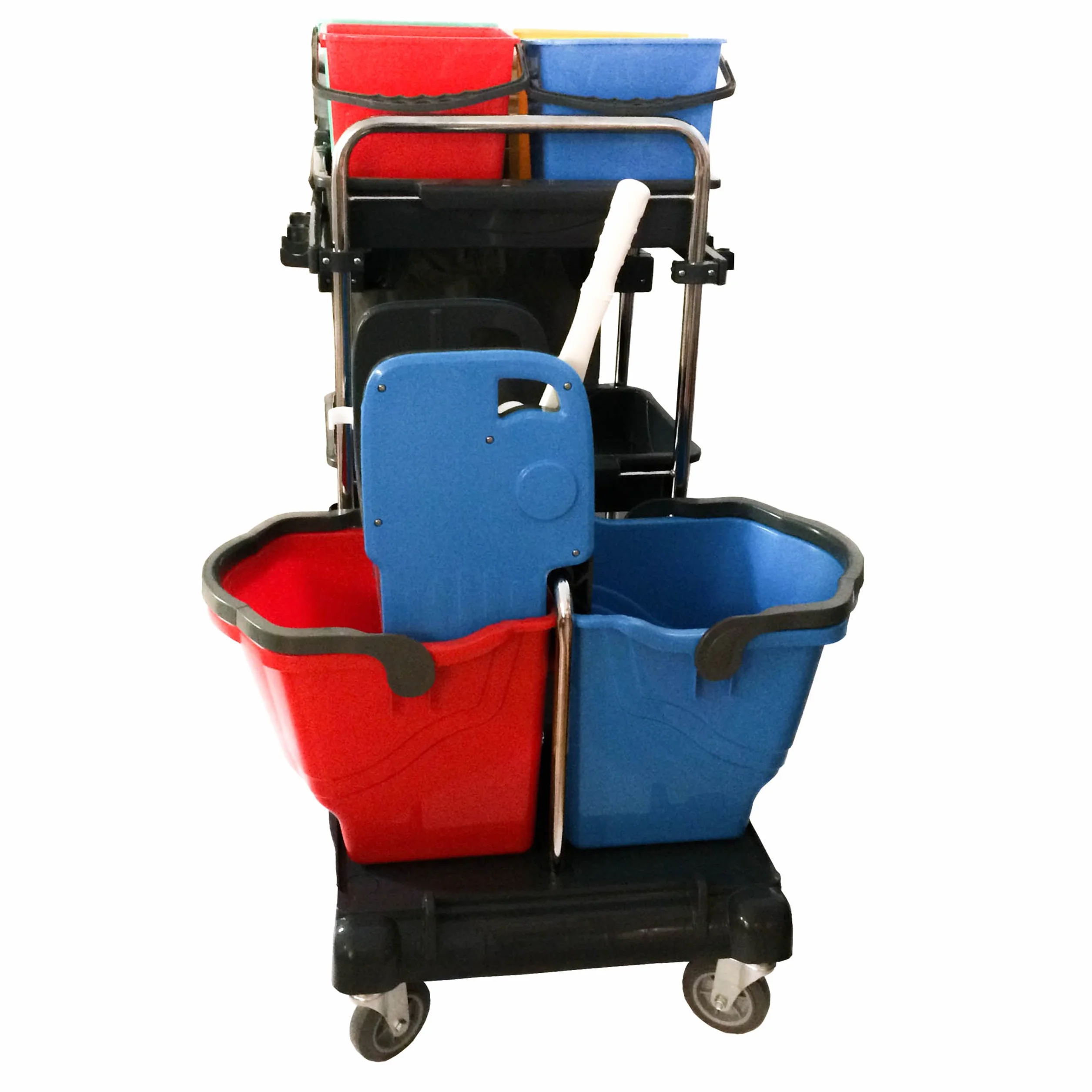 Mr. Mop Carrello Pulizie Lavapavimenti 4 Cuscinetti a Sfera Ruote Orientabili 4x6 l Secchio 2x24 l Spremi Scopa a Frange 2 Ripiani Portaoggetti 1 Ripiano e Supporto Sacco Spazzatura