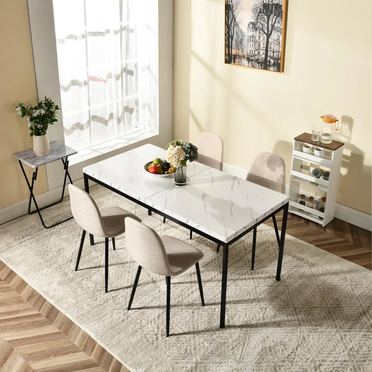 FurnitureR Tavolo da pranzo, tavolo da cucina in marmo modello, tavolo da cucina rettangolare telaio in metallo con piedi regolabili per sala da pranzo soggiorno, 120x70x75cm, bianco