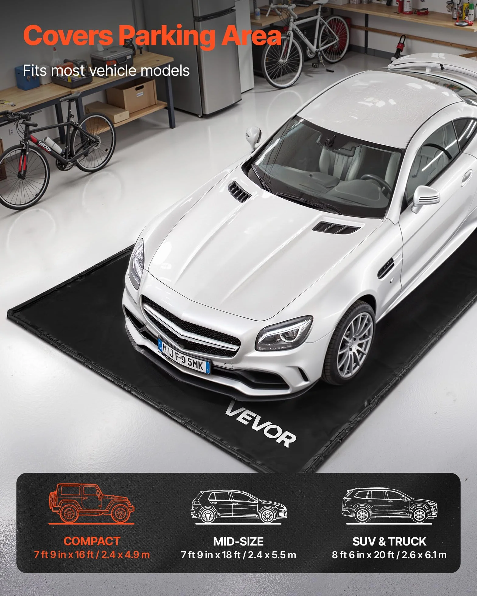 VEVOR Tappetino Antiscivolo per Garage, 2,4 x 4,9 x 0,03 m, con Tergivetro, Resistente e Impermeabile, Protezione per Pavimenti da Neve, Pioggia, Fango, Tappetino per Garage Officina, Nero