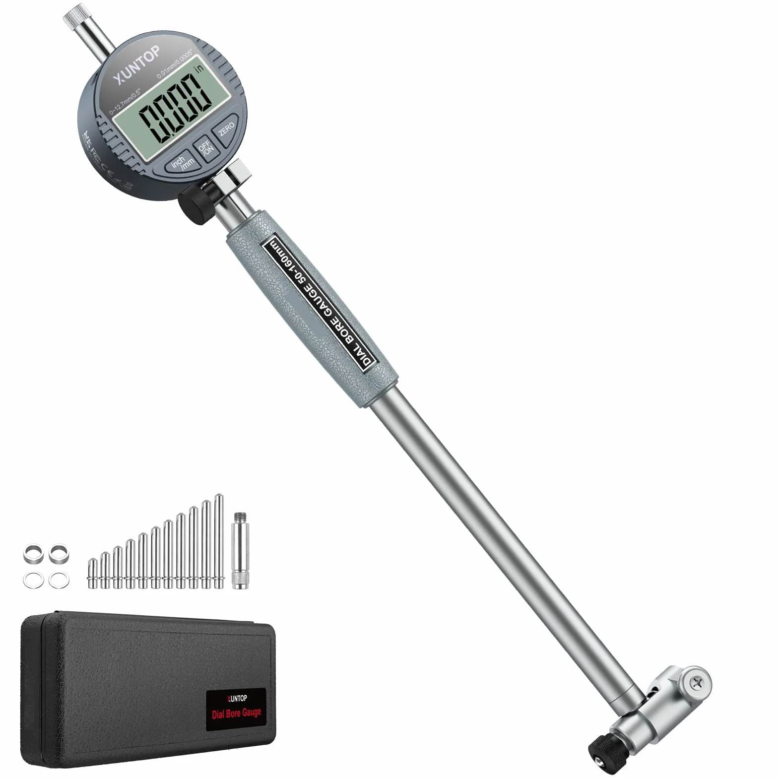 XUNTOP Alesametro con Quadrante 50-160mm/2-6" con Set 12 Testine Auto Alesametro con Comparatore Centesimale 0.01mm Precisione Indicatore Diametro Interno con Custodia ABS per Motori Cilindri CNC
