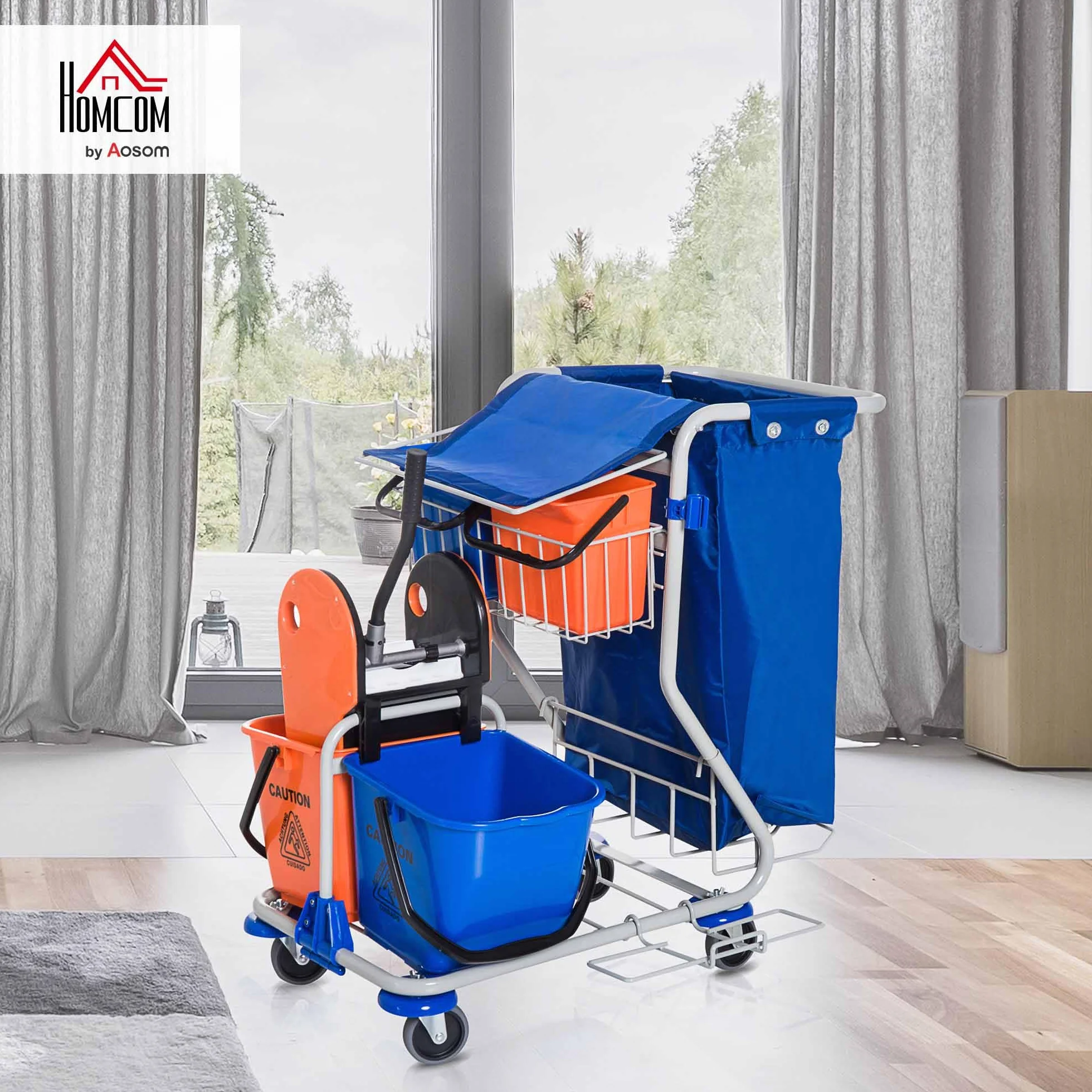 HOMCOM Carrello Pulizie Professionale 2 Secchi 18L 6L Strizzatore Mocio Gancio Ruote 93x80x97 cm Arancione
