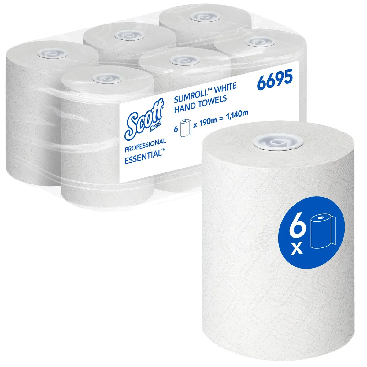 Scott Essential Slimroll 6695, Rotoli di Asciugamani in Carta bianchi, Alta Assorbenza, 6 Rotoli di carta da 190 m (Tot. 1.140 m)