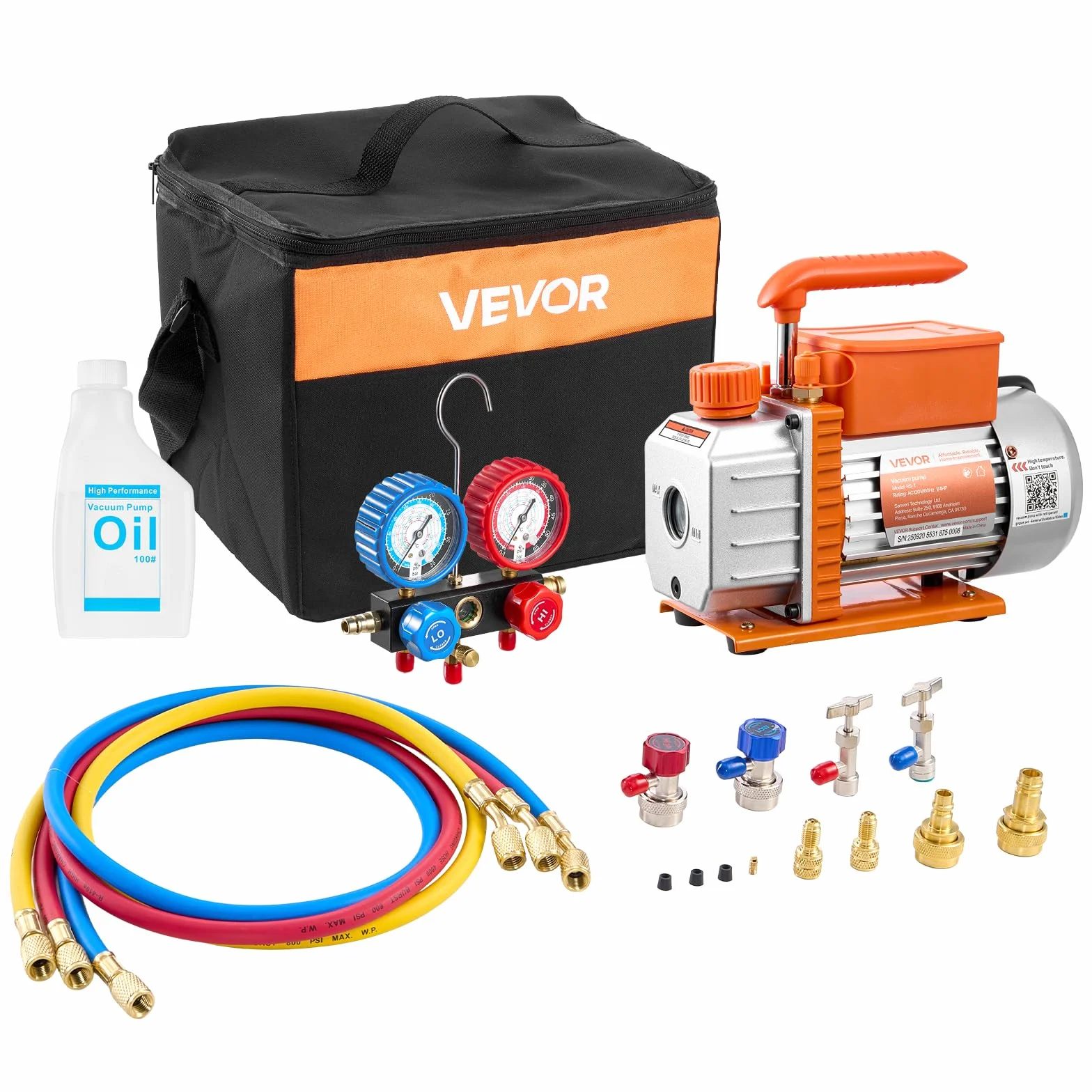 VEVOR Kit Pompa per Vuoto Manometro da 3,5 CFM 99 L/min, Pompa per Vuoto a Palette Rotanti Monostadio per Aria Condizionata con Borsa per Trasporto, Compatibile con R134a, R22, R410a, R1234YF, R32