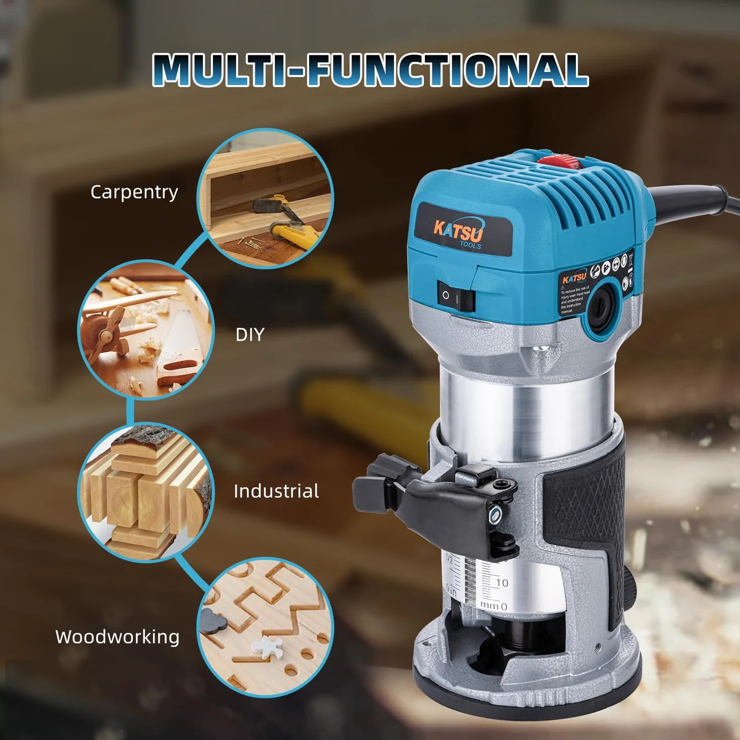 KATSU Tools Fresatrice/trimmer legno elettrica 710 W – soft start, base a immersione, corpo in alluminio, 3 mandrini (1/4", 6 mm, 8 mm) fai-da-te