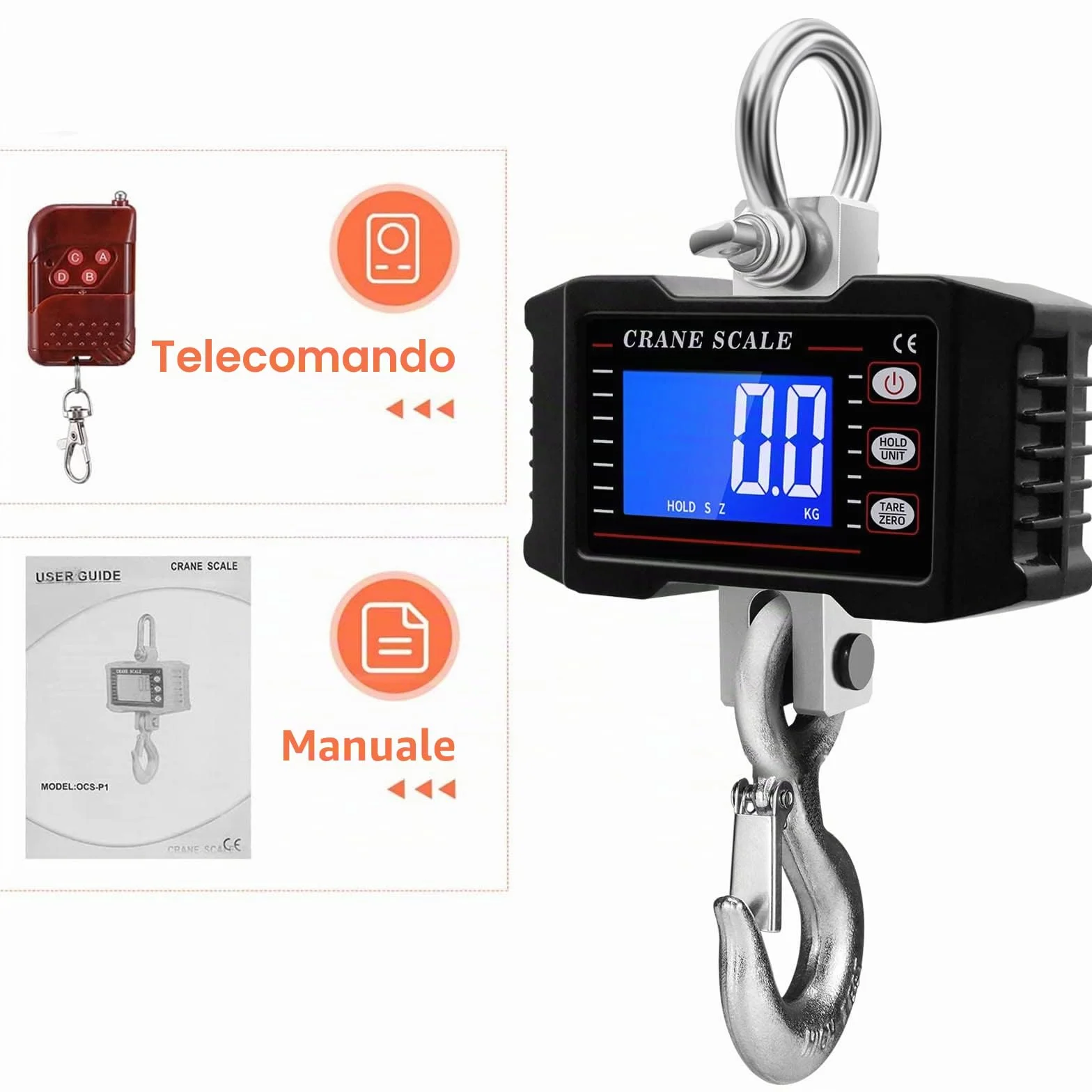 Bilancia Elettronica per Gru a Gancio 1000KG Alta Precisione con Telecomando Digitale Dinamometro Pesante Industriale