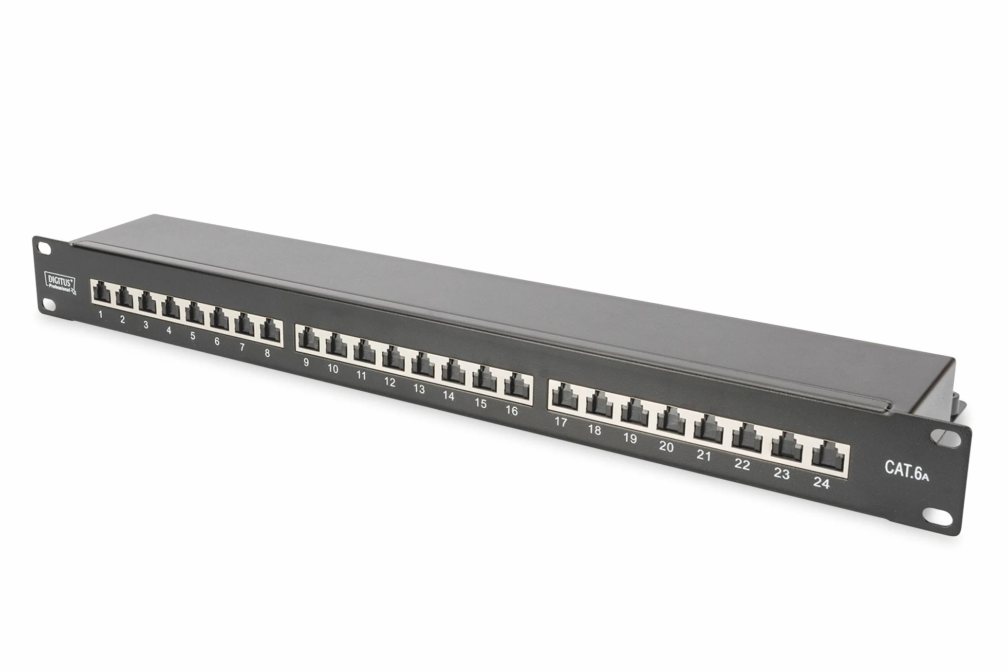 DIGITUS LSA Patch-Panel Cat-6A - 24 porte - 1 U - Schermato - Classe EA - Flap di protezione dalla polvere - Nero RAL 9005