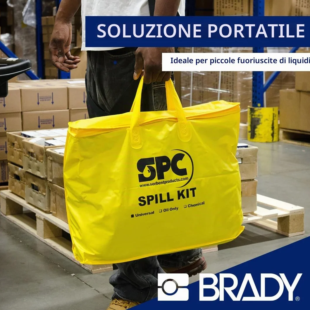 SPC® by Brady Kit Anti-Inquinamento Universale – Kit Antisversamento per Piccole Fuoriuscite, Assorbe Oli, Acqua, Solventi e Refrigeranti, Include 10 Panni Assorbenti, 2 Calze, Guanti e Sacco