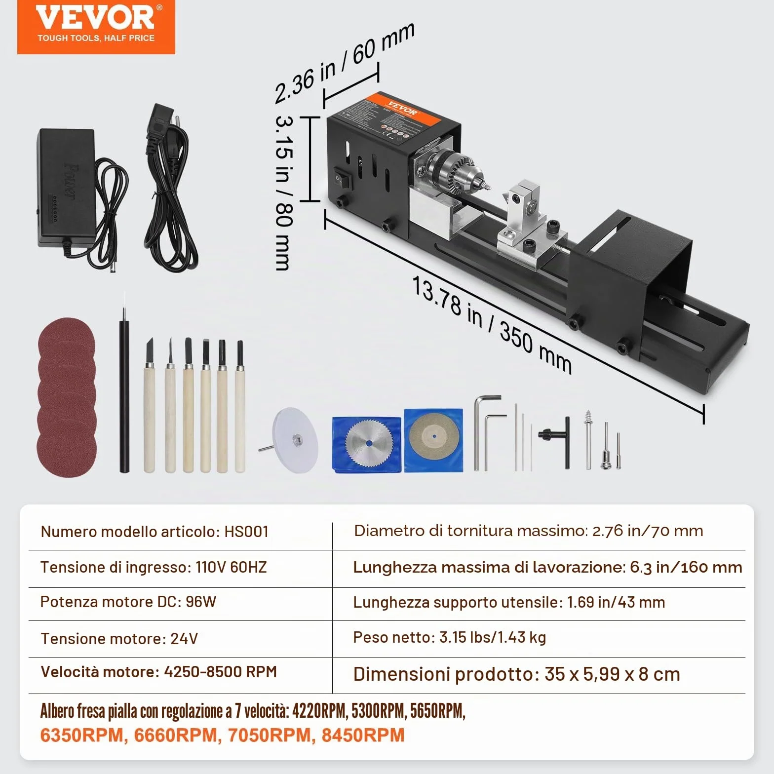 VEVOR Mini Tornio per Legno 96W Utensili Tornio Elettrico di Precisione 7 Velocità Regolabile 4220/5300/5650/6350/6660/7050/8450 giri/min Fresatrice Lavorazione del Legno Fai-da-Te Accessori Completi