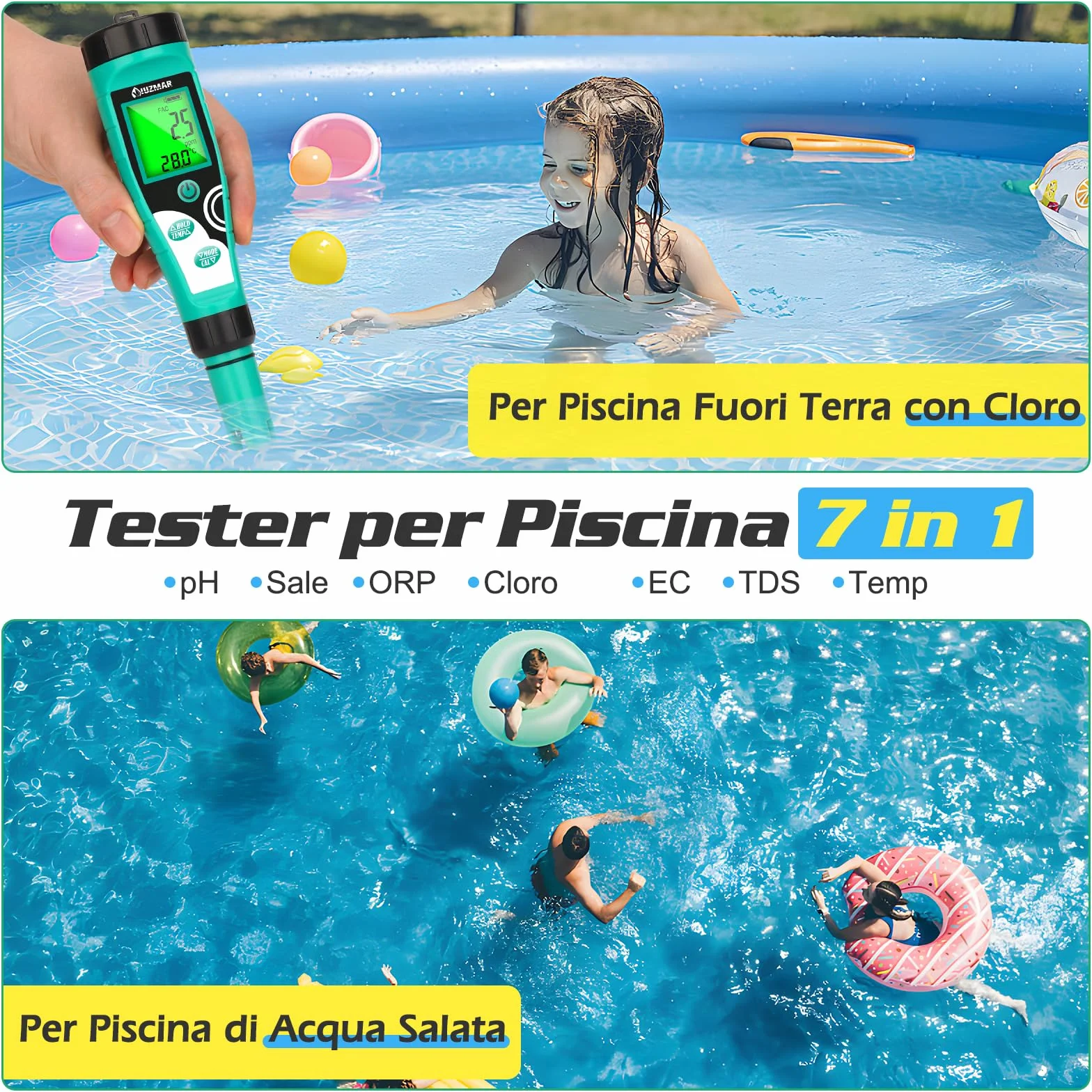 UIUZMAR Misuratore Cloro Piscina Digitale 7 in 1 pH Sale ORP TDS EC Temp