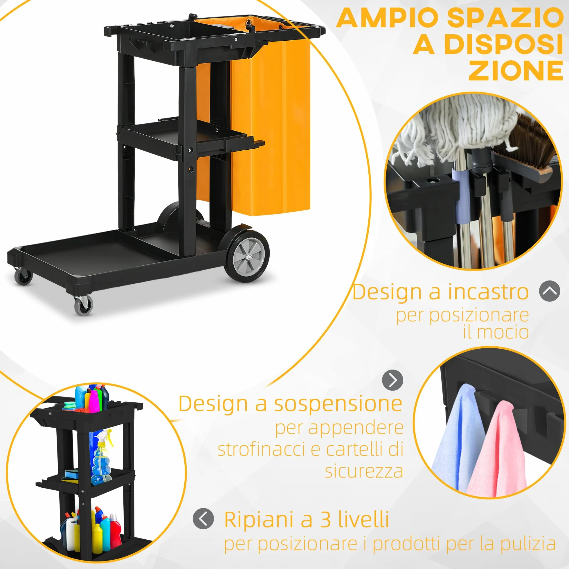 HOMCOM Carrello Pulizie Professionale 3 Ripiani con Ganci, 100L, 121x50.5x96.5 cm, Nero