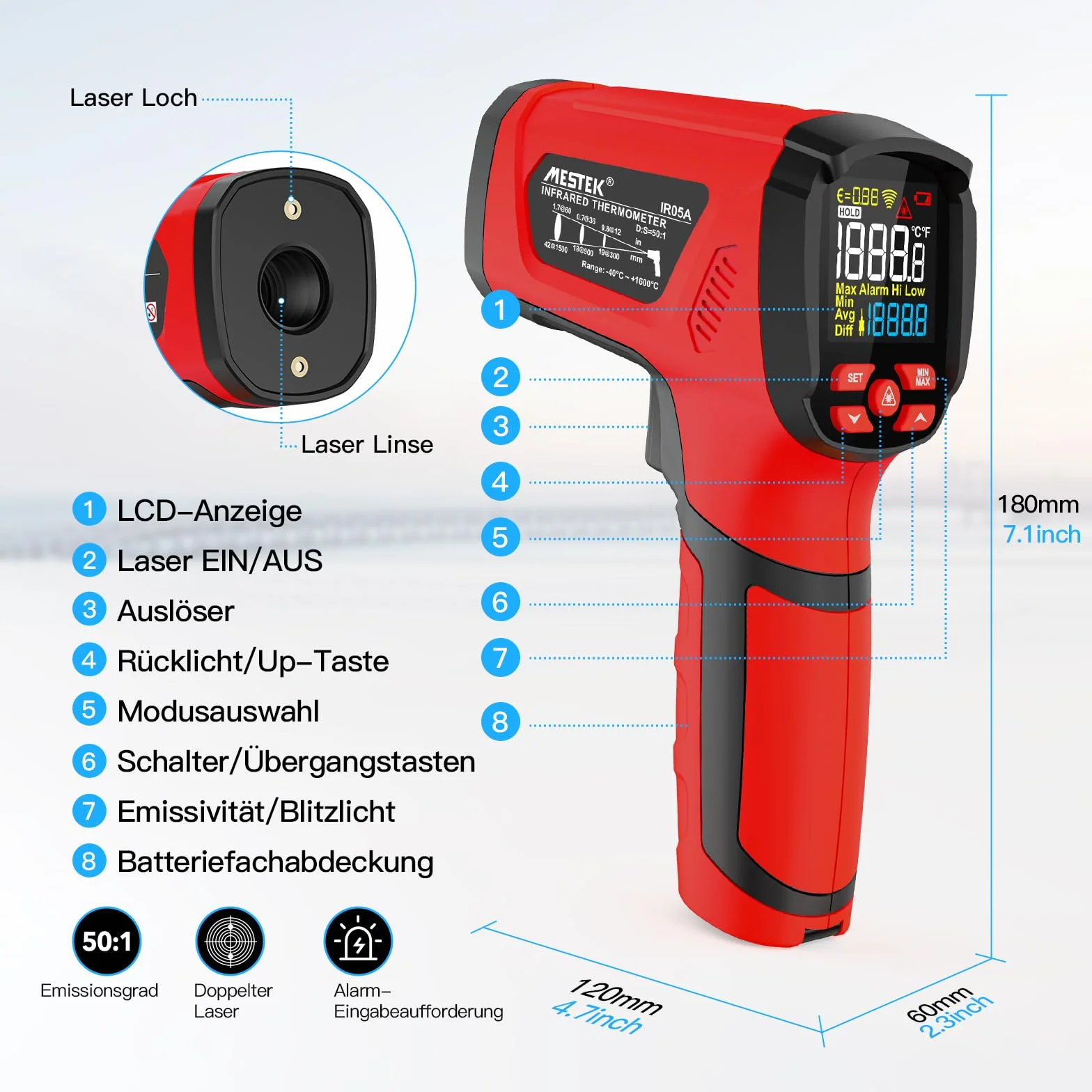 Termometro a Infrarossi MESTEK Digitale Laser -40°C~1600°C con K-Probe Senza Contatto LCD