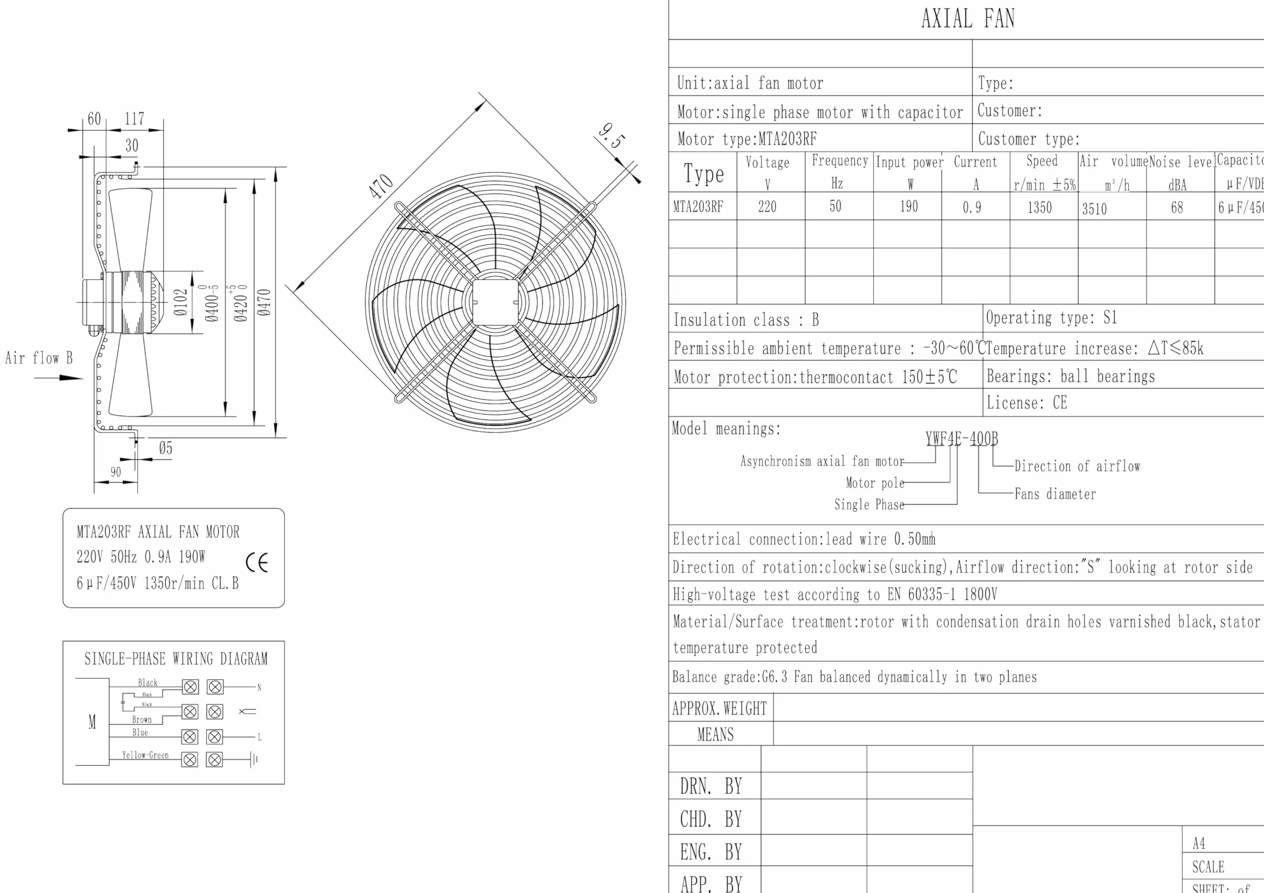Ventilatore assiale premente Ø 400 mm 190 W 220 v - con motore e griglia