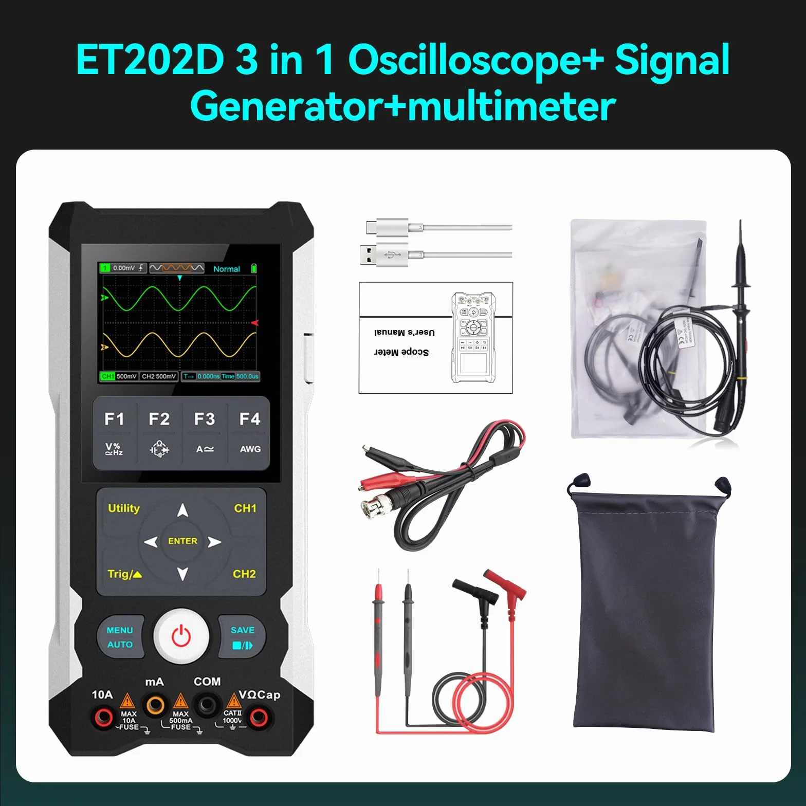 Oscilloscopio digitale + Generatore di segnale + Multimetro 3 in 1: Oscilloscopio digitale portatile, larghezza di banda 80 MHz, 250 MS/s, oscilloscopio a 2 canali 2 in 1, oscilloscopio portatile