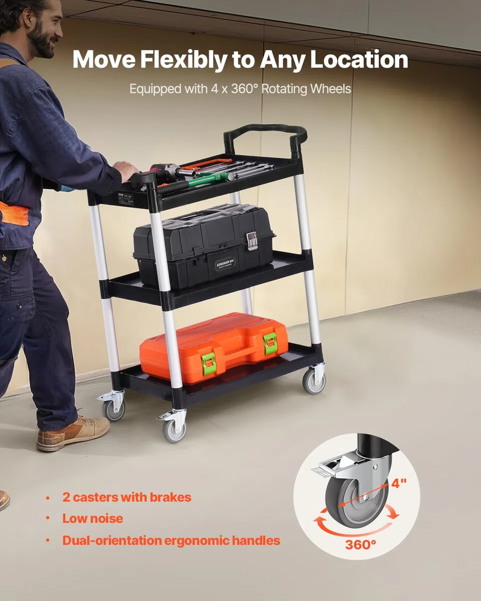 VEVOR Carrello Portavivande, Capacità di Carico 136 kg Carrello per Servizi Alimentari in Plastica a 3 Livelli da 620 x 410 mm con Ruote Girevoli 360° per Magazzino, Ufficio, Casa, Ristorante, Cucina
