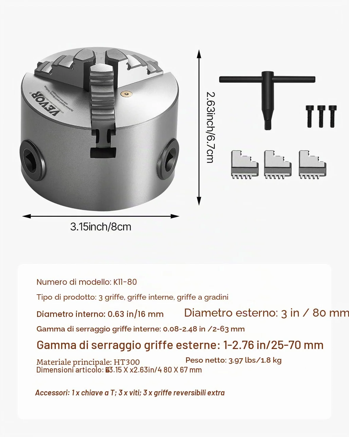VEVOR Set di Mandrino per Tornio a 3 Griffe Diametro da 80 mm, Mandrino Autocentrante Materiale Principale HT300 Intervallo di Serraggio tra 2-63 mm con Viti di Fissaggio per Tornio per Legno Metallo