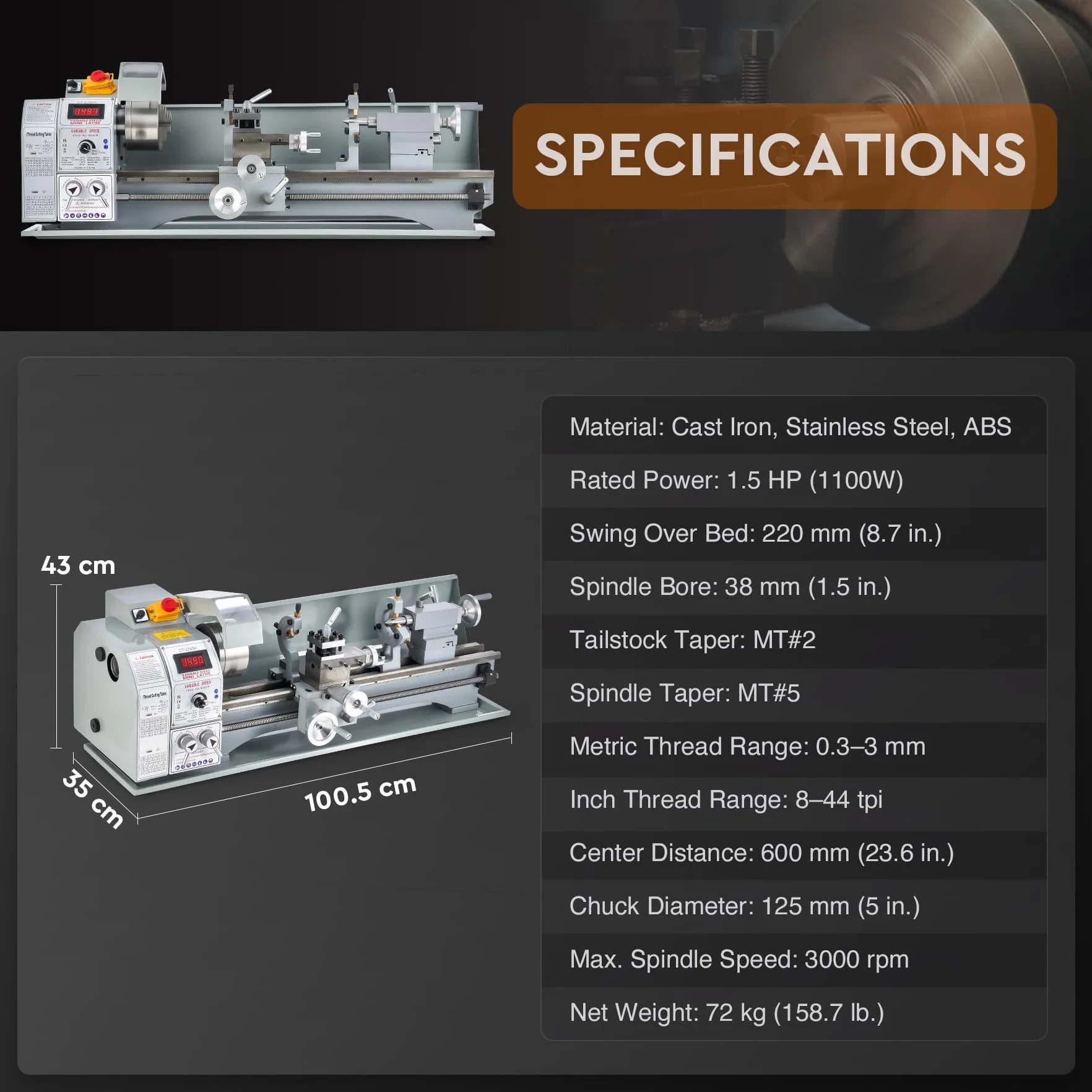 Orion Motor Tech Tornio per Metallo 1100W | Dimensioni 220 x 600 MM | Velocità Variabile 0-3000 rpm | Mandrino a 3 Griffe | Display LCD | Ideale per Tornitura, Filettatura e Foratura