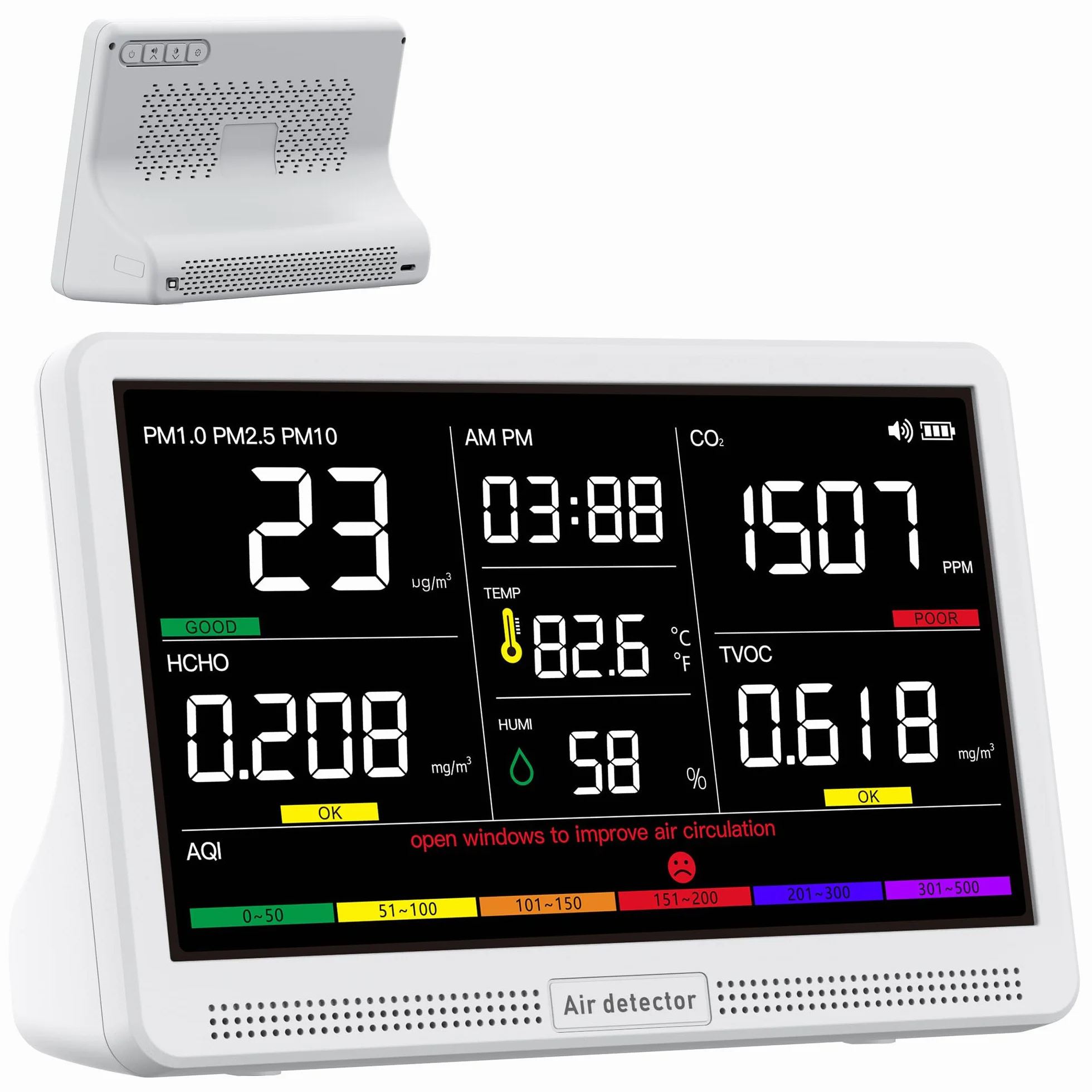 Monitor Qualità dell'Aria Indoor 16-in-1 bonoch Display 7" CO2 TVOC PM2.5 PM1.0 PM10 HCHO Temperatura Umidità AQI