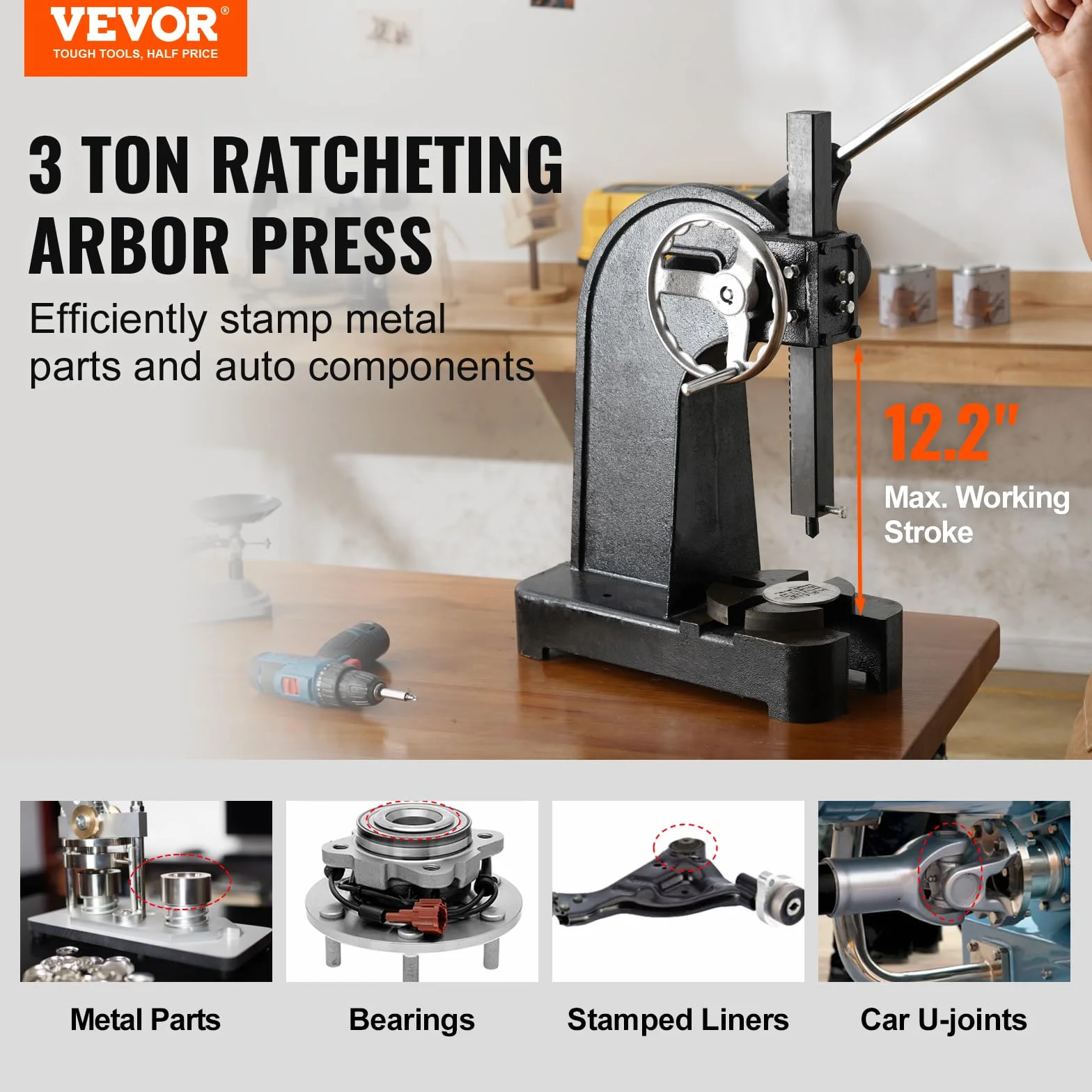 VEVOR Pressa a perno 3 tonnellate, 12,2" Altezza massima, Punzonatrice manuale stampaggio piegatura