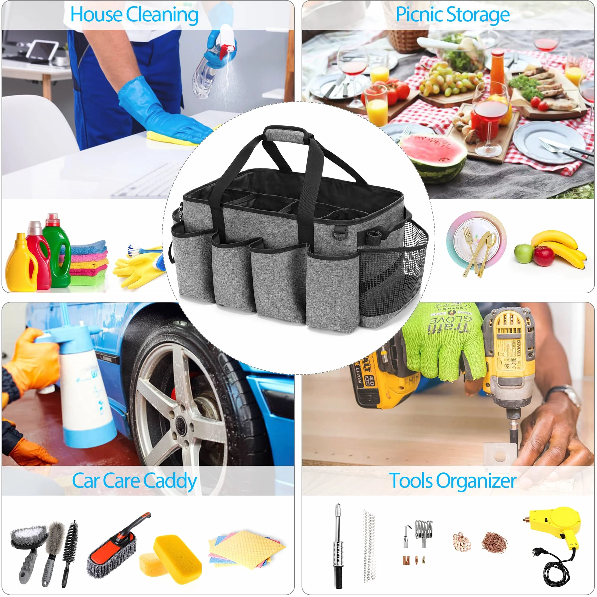 HODRANT Organizer per Caddy per La Pulizia Extra-large con Pad Robusto e Maniglie, Borsa Grigia