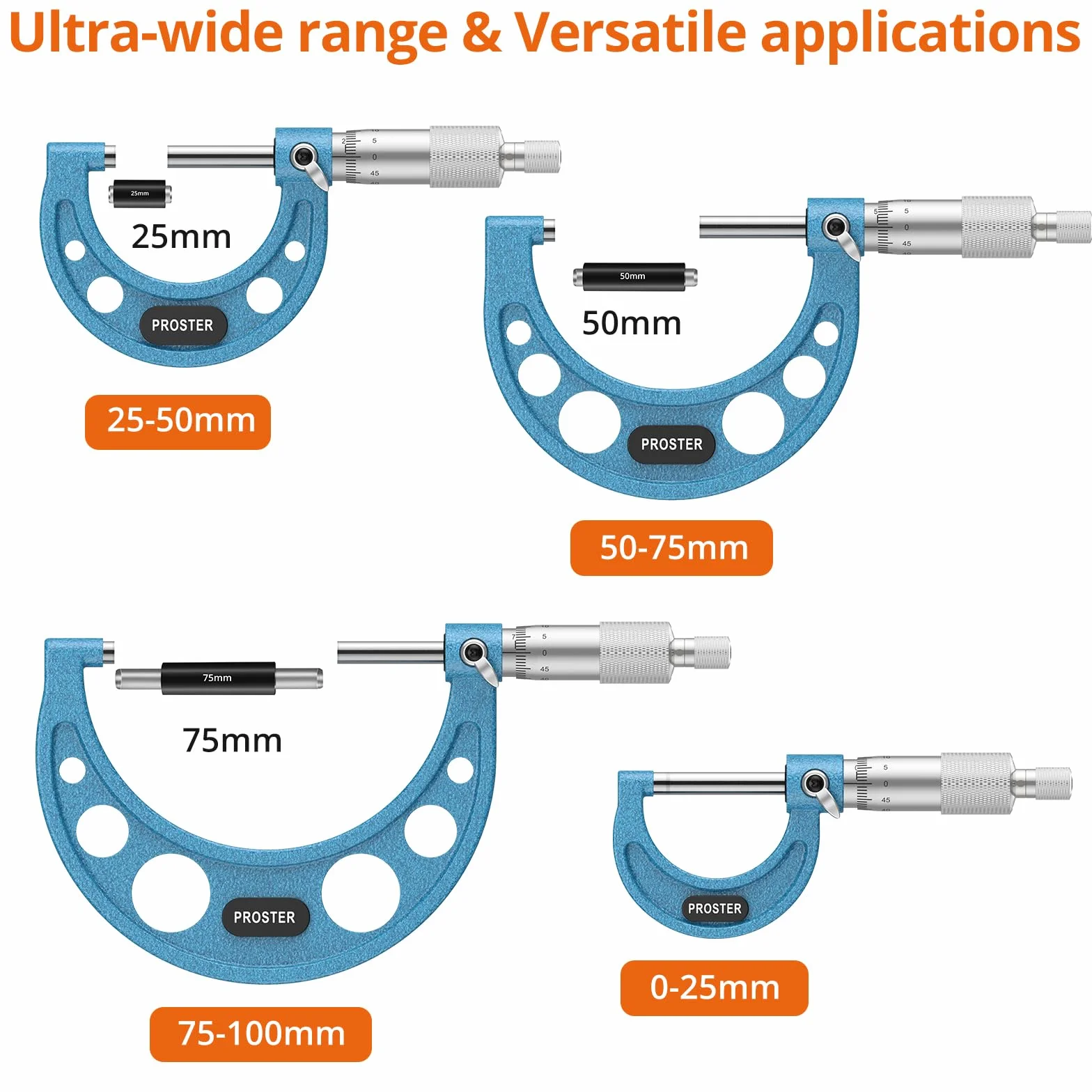 Proster Set di 4 Micrometri Esterni 0-100mm con Ghiera a Cricchetto, Incudini in Carburo, Custodia