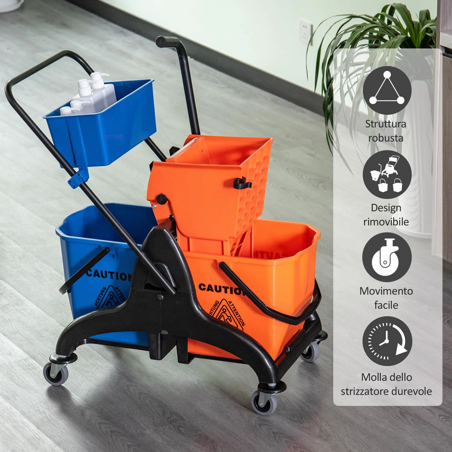 HOMCOM Carrello Pulizie Professionali 2 Secchi Lavapavimenti 26L Strizzatore 4 Ruote 78x45x95 cm Arancione Blu
