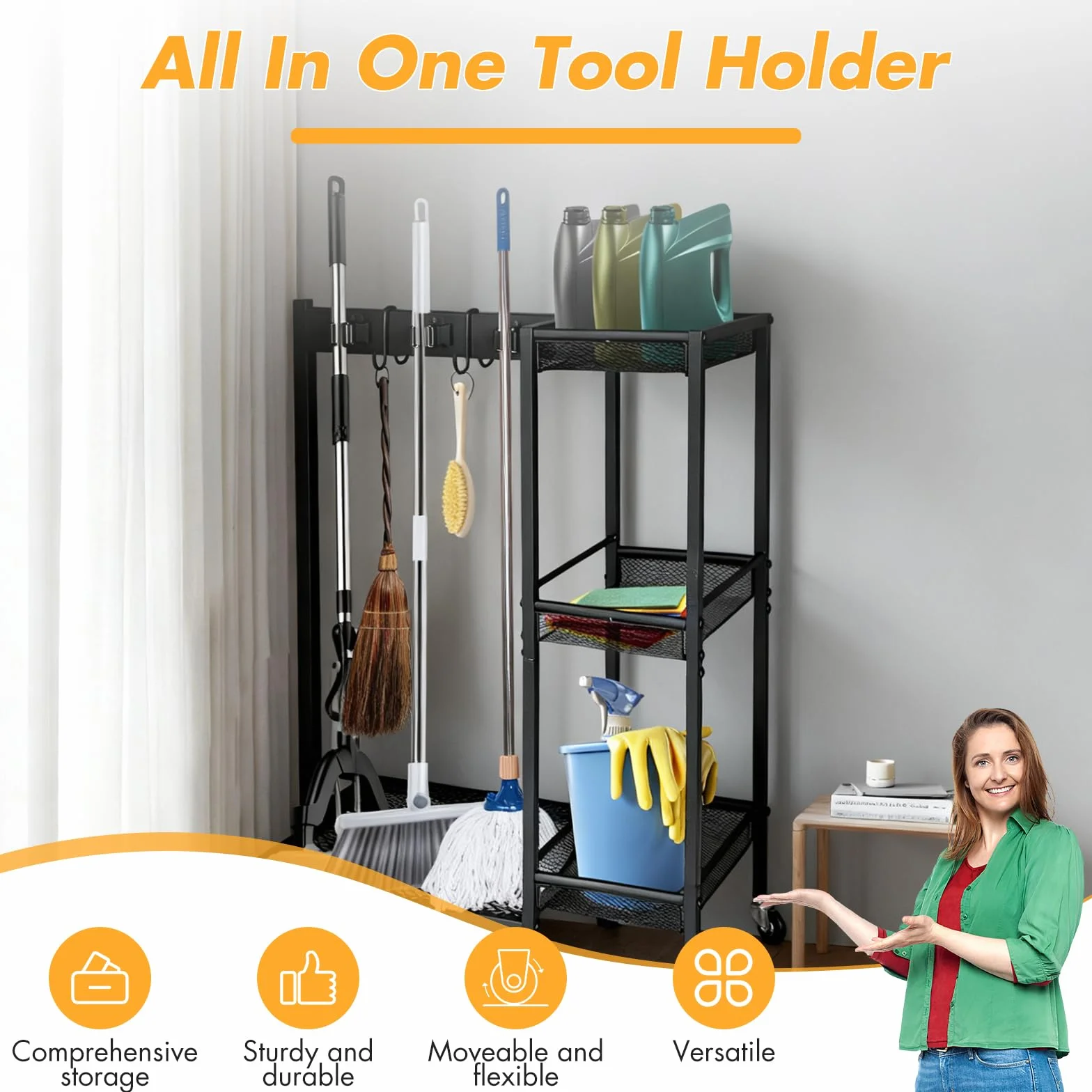 Carrello per Pulizie 3 Ripiani con Ruote, Organizzatore Mobile Porta Scope, Portata 50kg