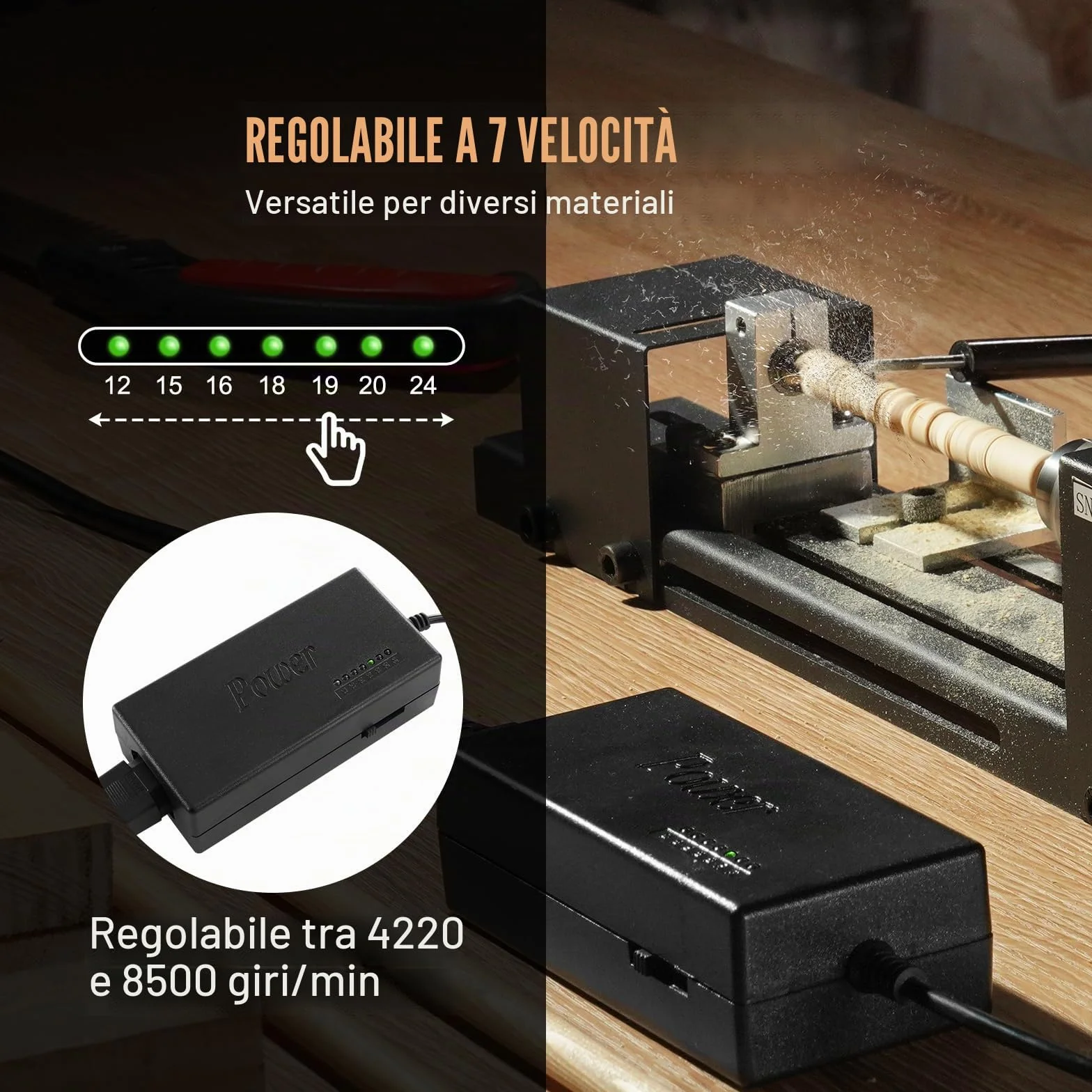 VEVOR Mini Tornio per Legno 96W Utensili Tornio Elettrico di Precisione 7 Velocità Regolabile 4220/5300/5650/6350/6660/7050/8450 giri/min Fresatrice Lavorazione del Legno Fai-da-Te Accessori Completi
