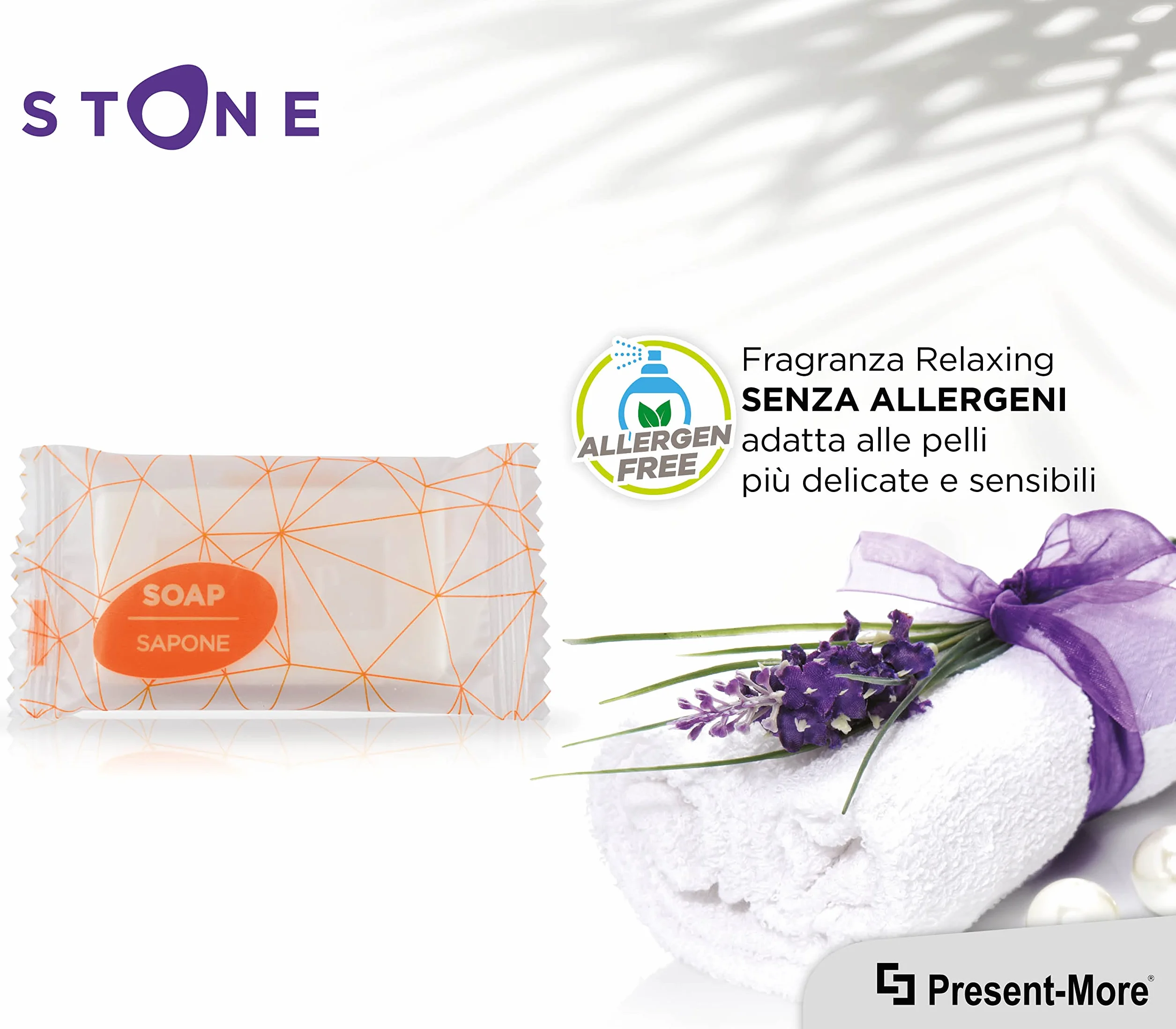 PRESENT-MORE - Saponette Hotel 12gr Stone - Confezione da 250 Pezzi - Saponetta Mani Senza Allergeni - Fragranza Relaxing - Ideale per Hotel e B&B