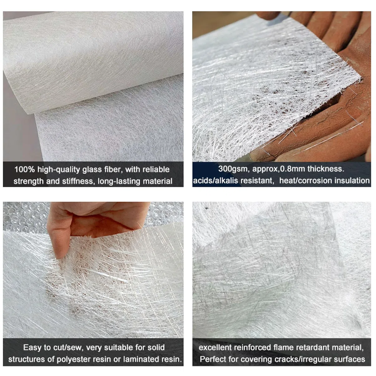 Fibra di Vetro Vetroresina Mat 300g/m² Tappetino Tessuto in Fibra di Vetro per Resine in Poliestere 1m di Larghezza per Barche, Auto, Tetti