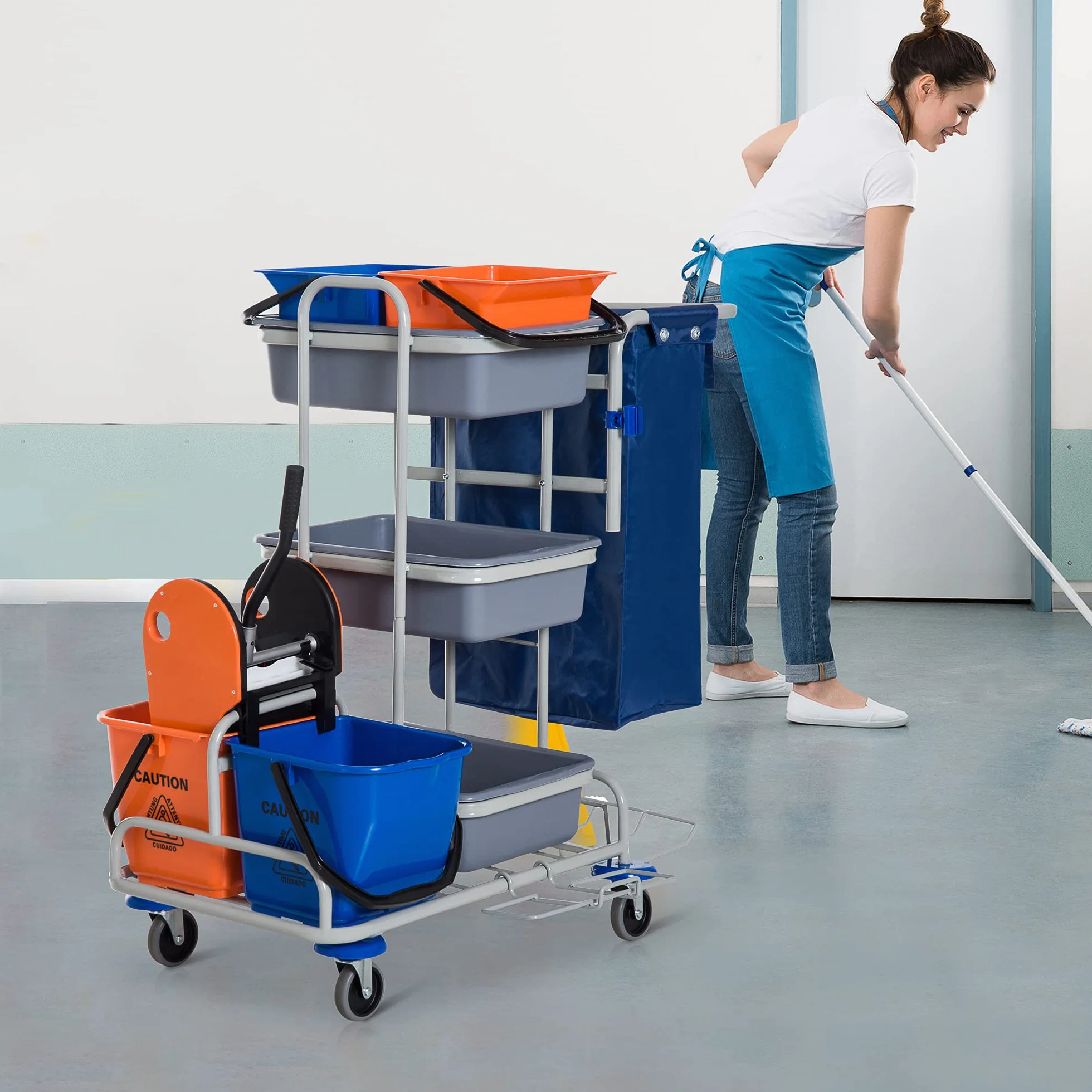 HOMCOM Carrello per Pulizie 4 Secchi Rotelle Borsa di Tela 118 × 73 × 103cm