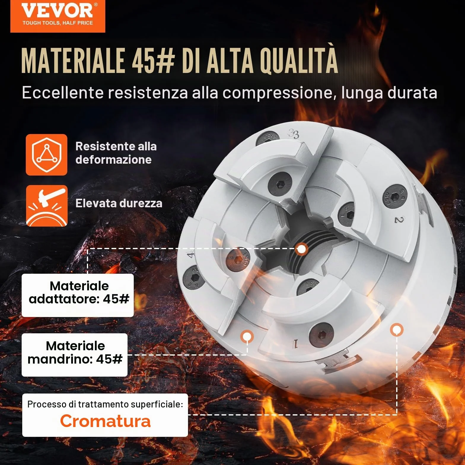 VEVOR Mandrino per Tornio per Legno φ70mm Mandrino per Tornio a 4 Griffe KP2-3/4 Mandrino per Tornitura di Legno, Utensile Autocentrante con Chiave a T per Rettifica Fresatura, Grey