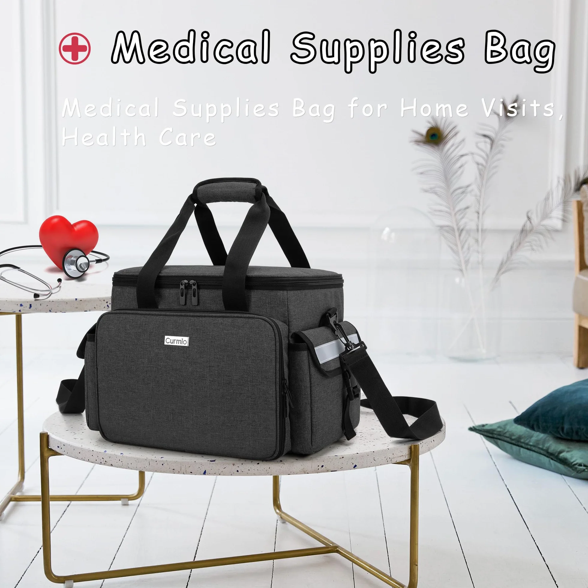 CURMIO Borsa per Infermiere Domiciliare, Organizer Forniture Mediche Con Tracolla e Divisori Rimovibili per Fisioterapisti, Medici, Personale Sanitario, Solo Borsa Medica, Nero