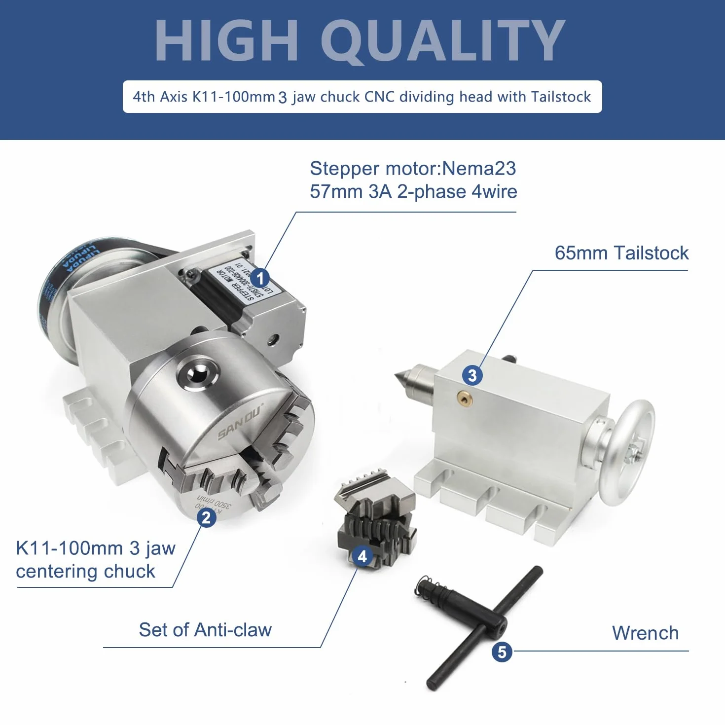 RATTMMOTOR Asse rotante CNC, asse rotante 4th Axis K11-100mm con albero cavo a 3 morsetti con rapporto di trasmissione 6:1 e mandrino da 65mm per tornio CNC, fresatrice