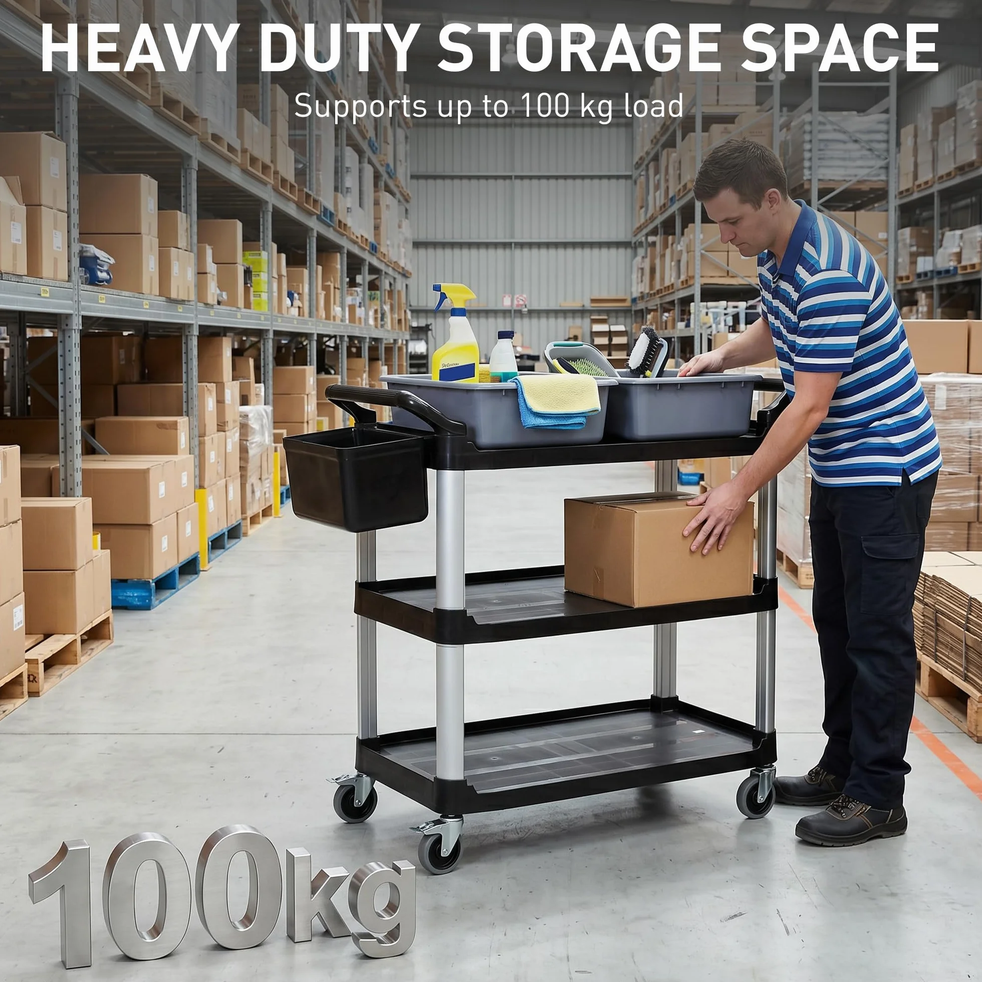 HOMCOM Carrello Pulizie Professionale 3 Ripiani Metallo Plastica 2 Contenitori Rimovibili Secchio Sospeso 4 Ruote Capacità 100kg 115x50x100 cm Nero
