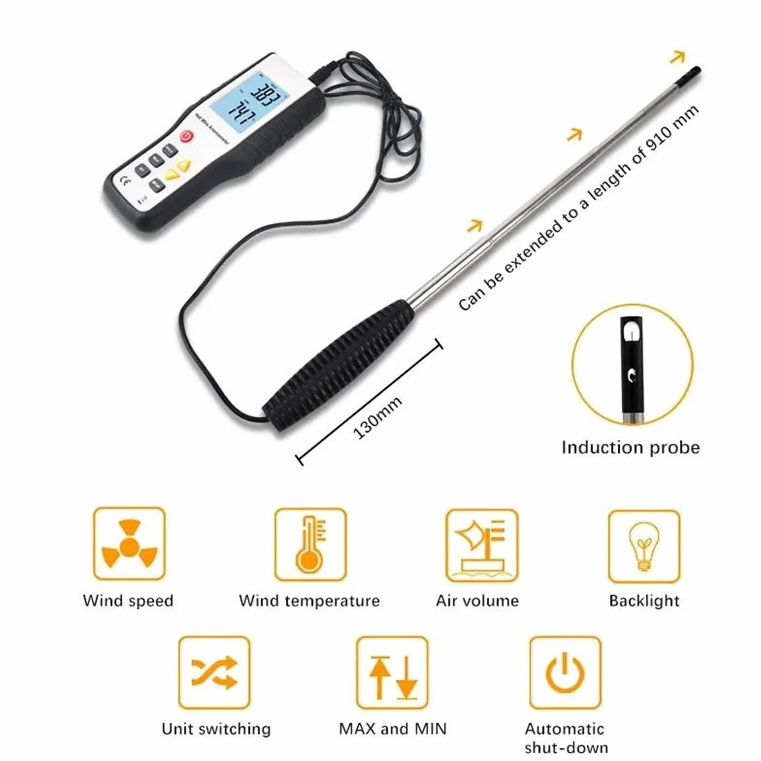 Anemometro termico a filo caldo digitale Misuratore di velocità portatile ad alta sensibilità
