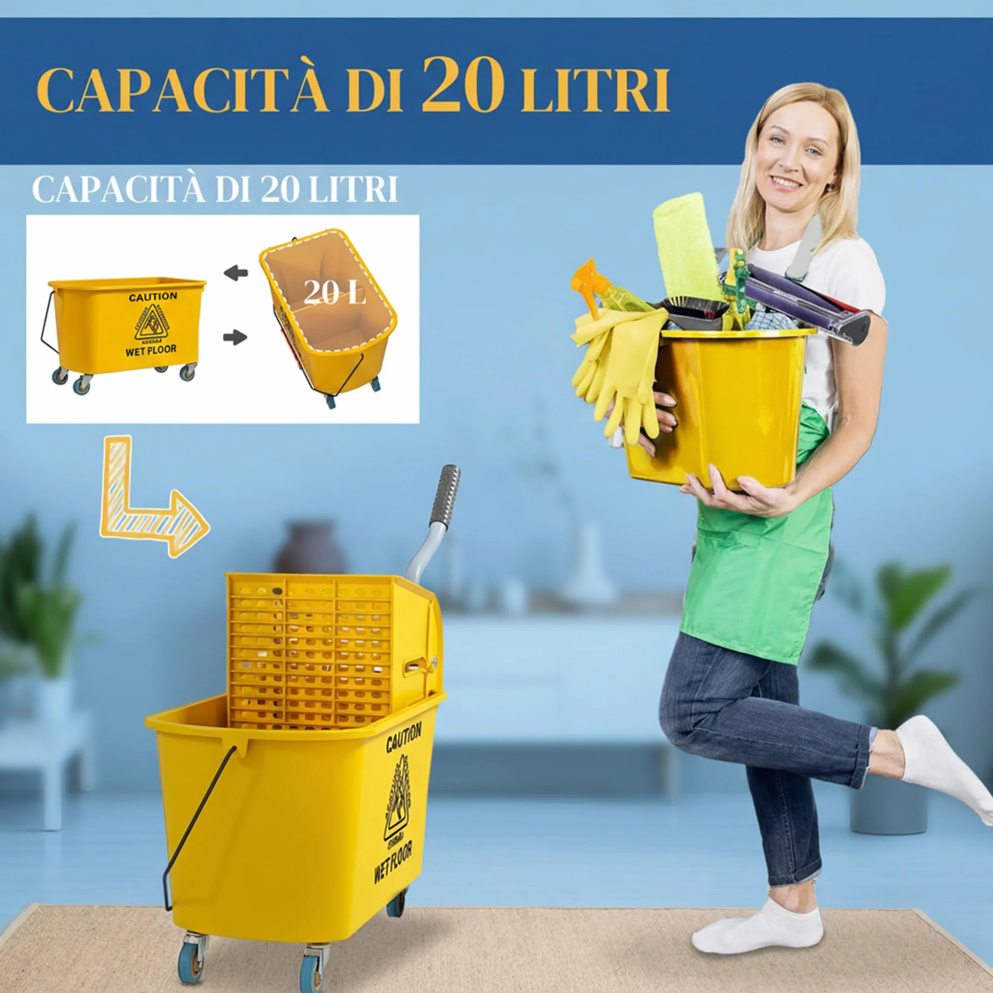 HOMCOM Carrello Pulizie 20L con Mocio e Secchio Lavapavimenti, Strizzatore Plastica, 4 Ruote, Giallo
