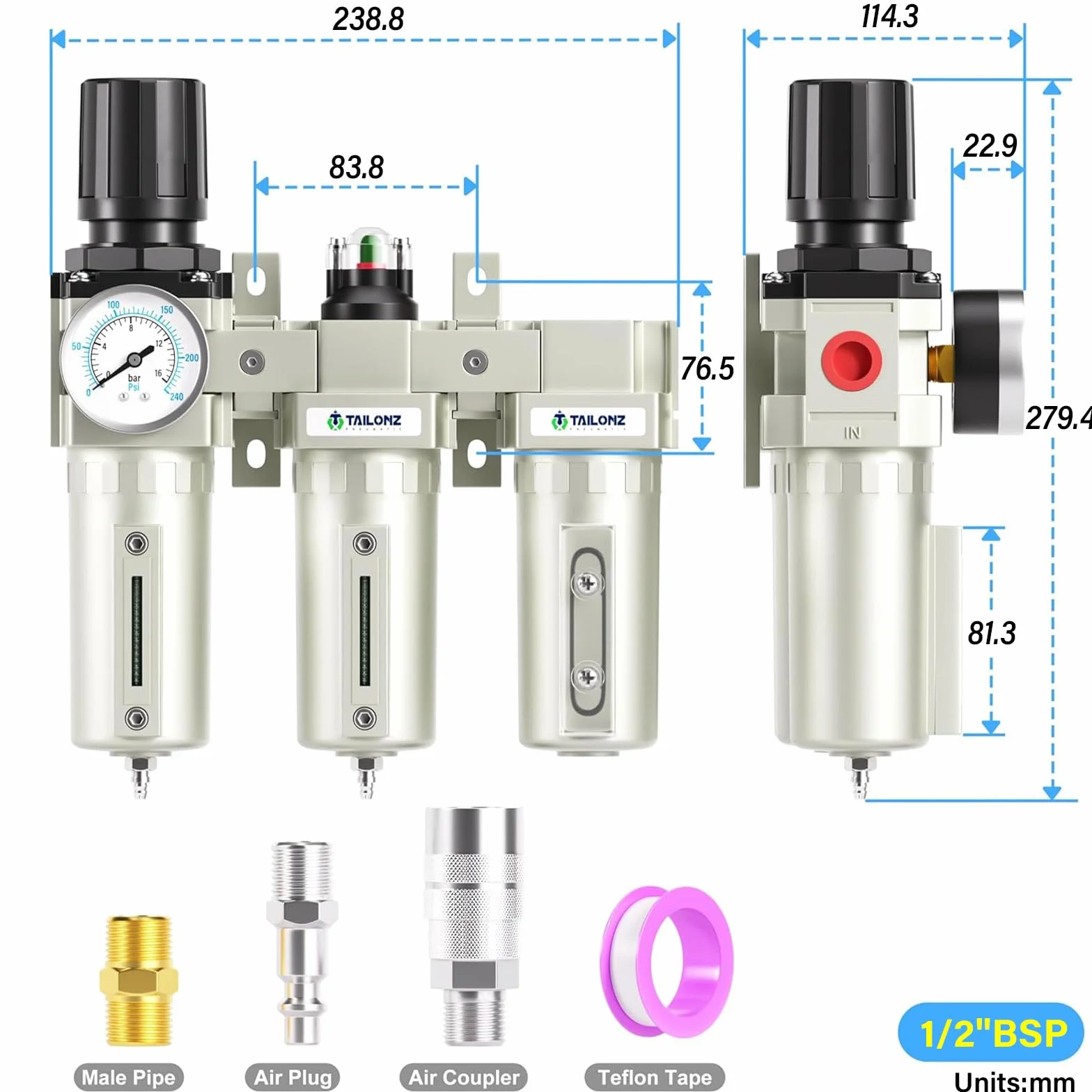 TAILONZ PNEUMATIC 0-1,6MPA 1/2-inch BSP Filtro terziario per particolato di grado industriale, filtro a coalescenza, essiccatore e regolatore d'aria (manuale).