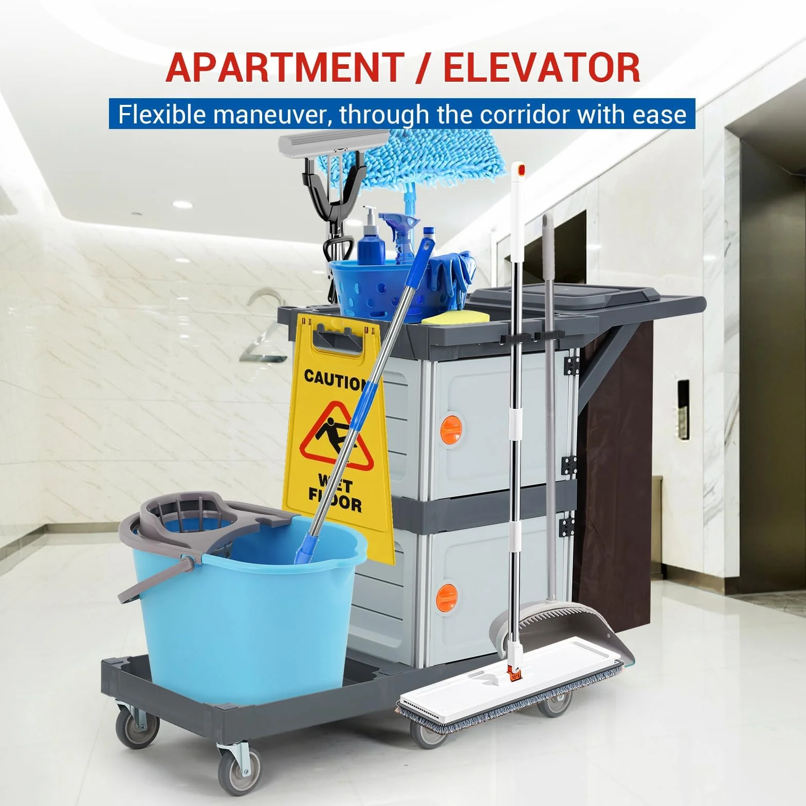 Carrello Pulizie Professionale 6 Ruote 300 Capacità con Sacco Vinile per Hotel Ospedali