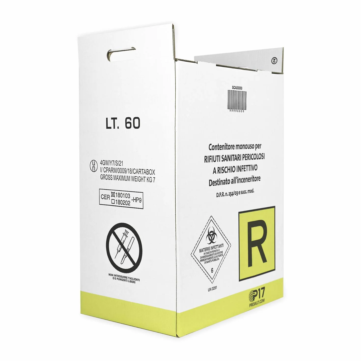 P17 | SET 10 Portarifiuti medicali | 60 L | Contenitore monouso per rifiuti Sanitari pericolosi a Rischio infettivo | Contenitore per dispositivi Medici, garze e rifiuti medicali