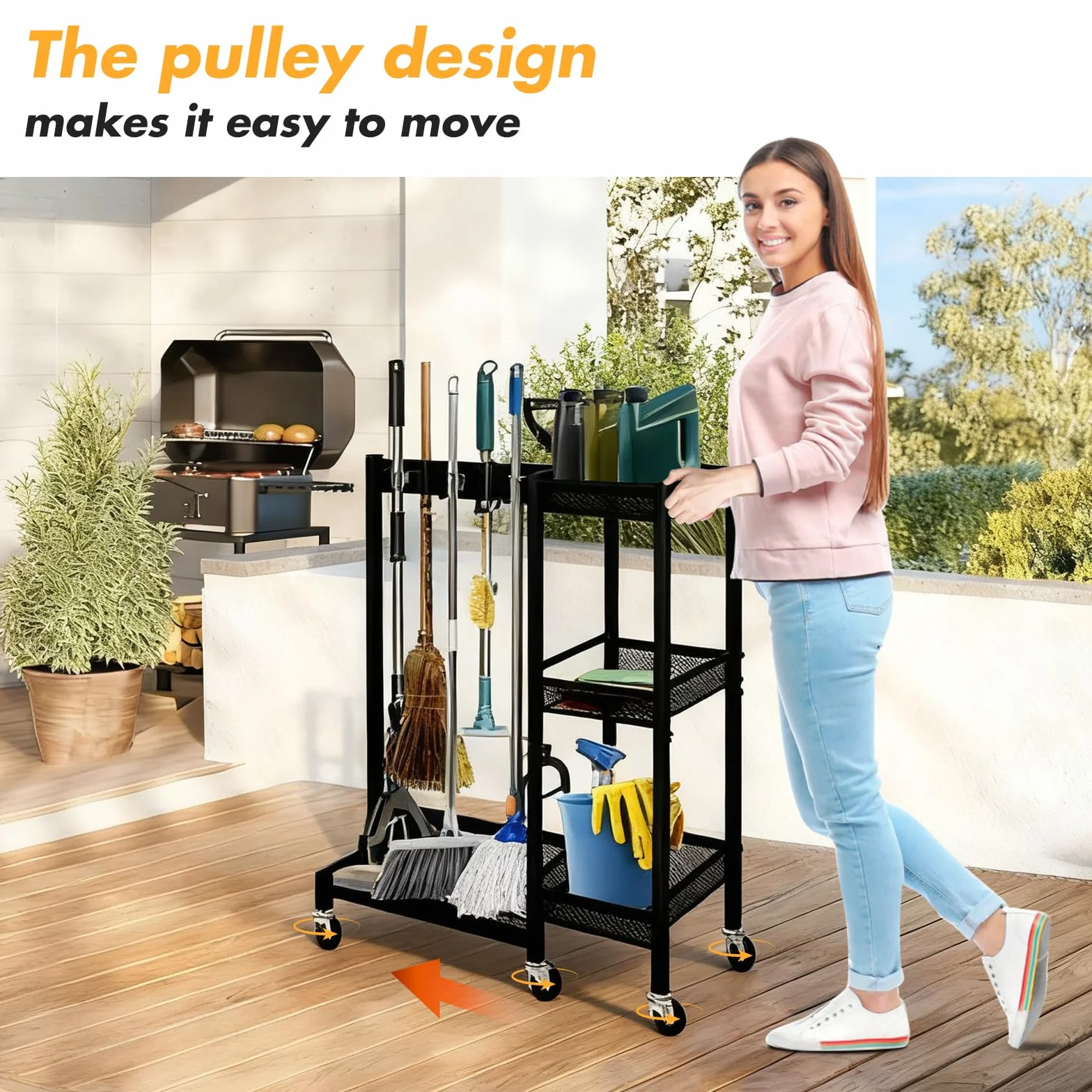 Carrello per Pulizie 3 Ripiani con Ruote, Organizzatore Mobile Porta Scope, Portata 50kg