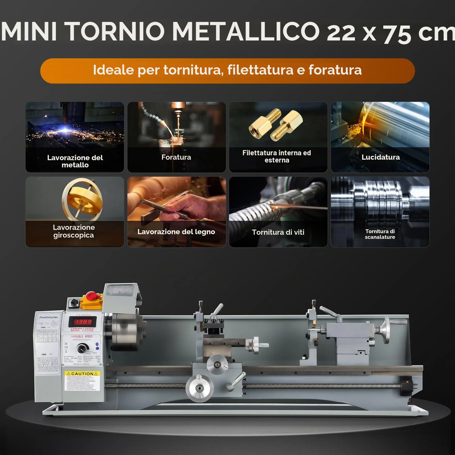 CREWORKS 1100W 220 x 750 MM Mini Tornio in Metallo, 50-2250 RPM Tornio da Banco in Metallo con Mandrino a 3 Ganasce per Fai da Te Lavorazione del Legno e dei Metalli
