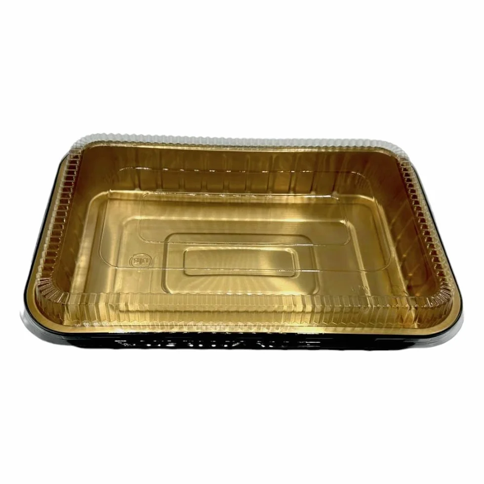 Contenitori Premium in alluminio laccati gold e black con coperchio in pet trasparente 50 pezzi (2040cc)