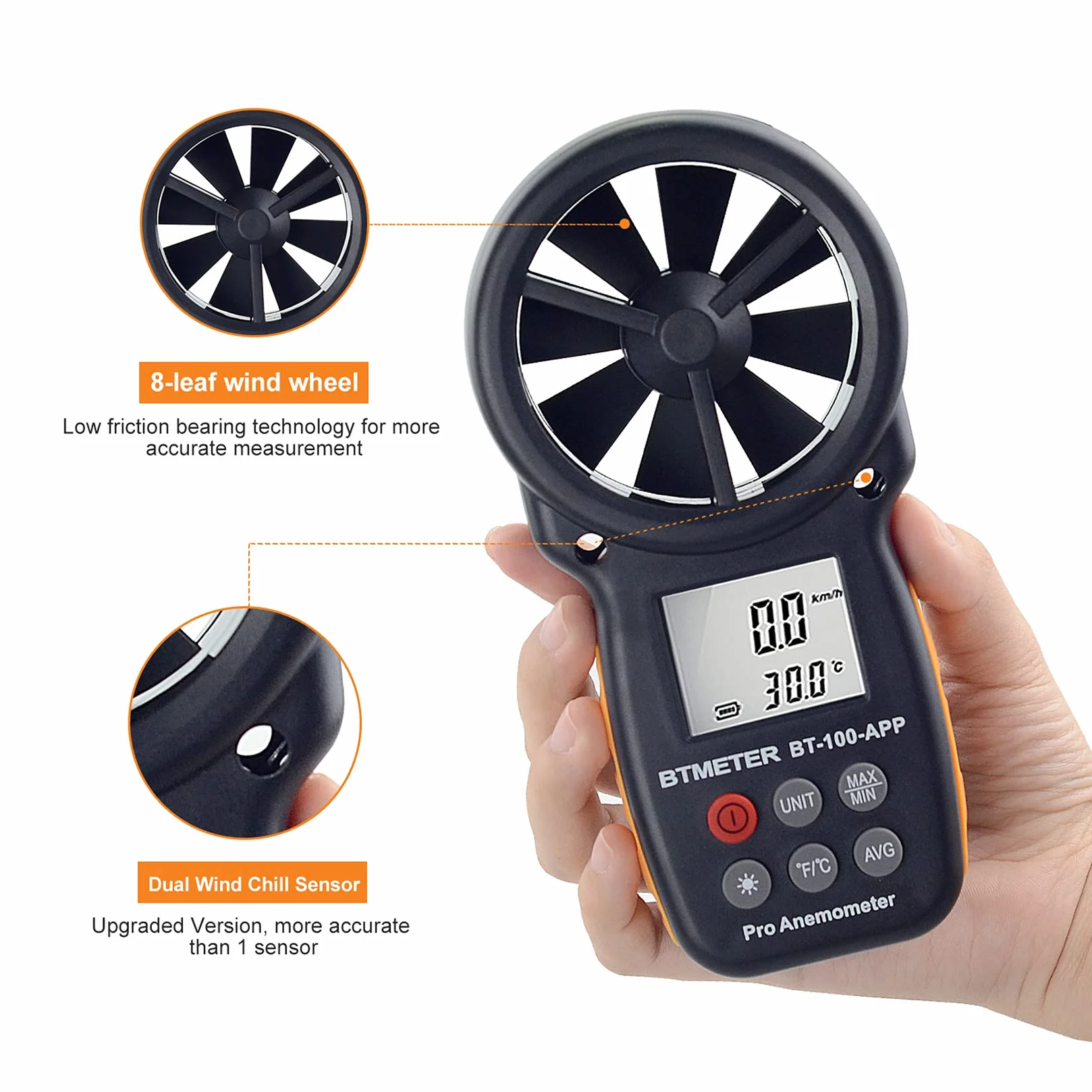 BTMETER Anemometro digitale senza fili Bluetooth velocità vento temperatura BT-100APP