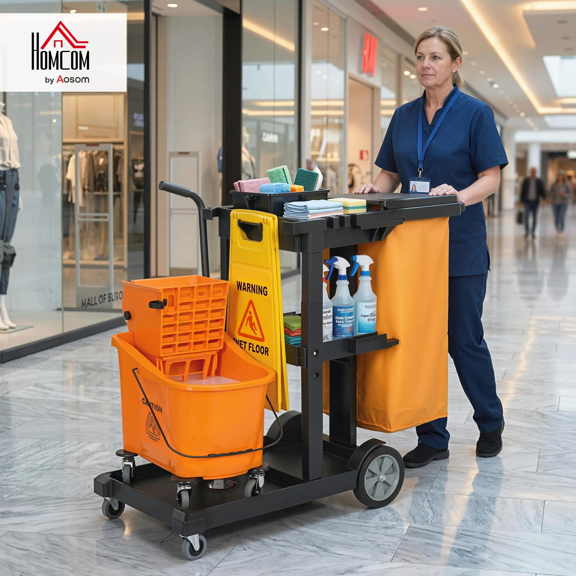 HOMCOM Carrello Pulizie 3 Ripiani 70L Secchio Lavapavimenti Strizzatore 4 Ruote 122x46.5x101 cm