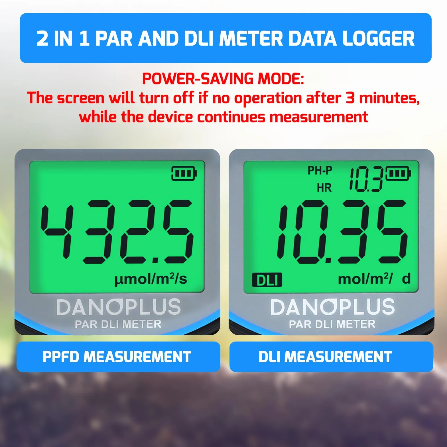 PAR Meter 2 in 1 DLI Meter con registrazione dati 400-700 nm PPFD Misuratore di luce solare
