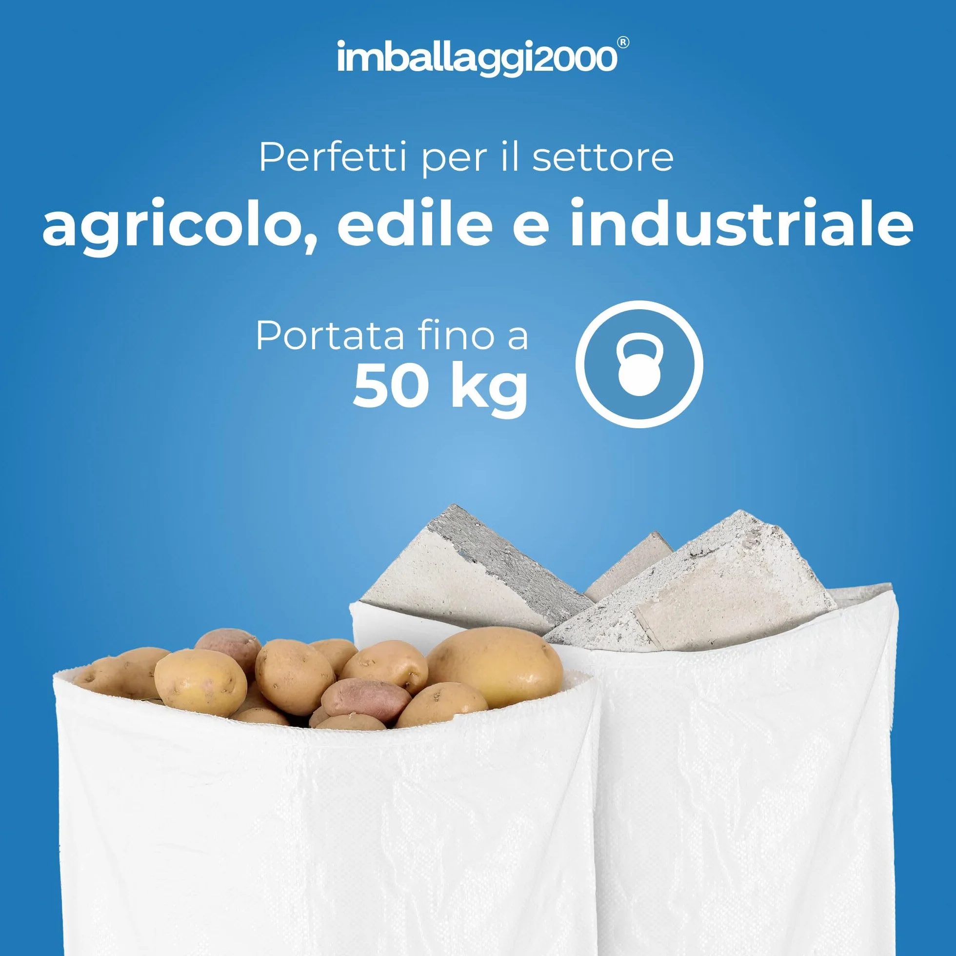 IMBALLAGGI 2000 - Sacchi in Rafia di Polipropilene, 50 Pezzi 70x120 Extra Resistente (58gr/mq) Multiuso Giardino e Detriti, Sacchi Spazzatura e Smaltimento Rifiuti, Sacco Oggetti Pesanti e Fai da Te