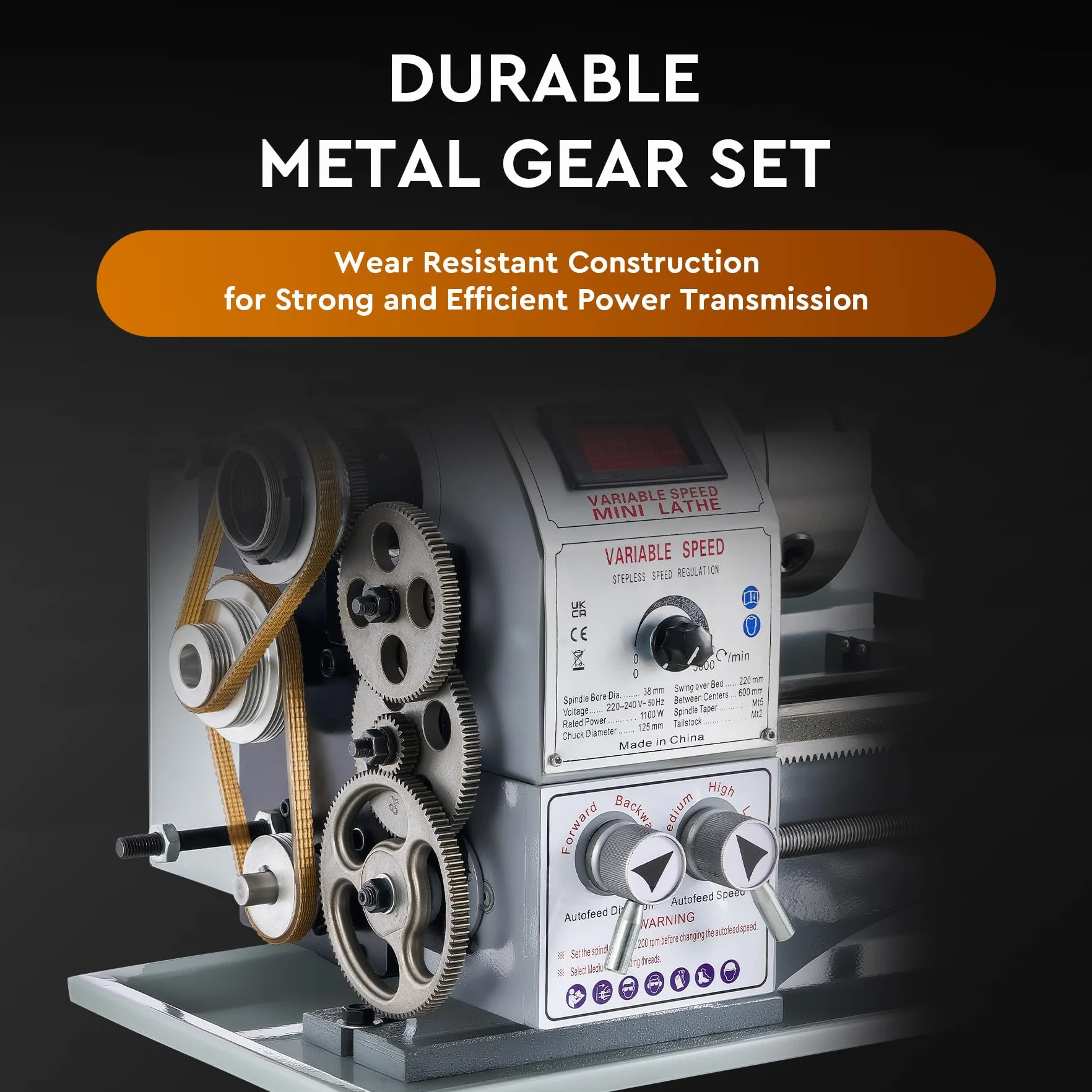 Orion Motor Tech Tornio per Metallo 1100W | Dimensioni 220 x 600 MM | Velocità Variabile 0-3000 rpm | Mandrino a 3 Griffe | Display LCD | Ideale per Tornitura, Filettatura e Foratura